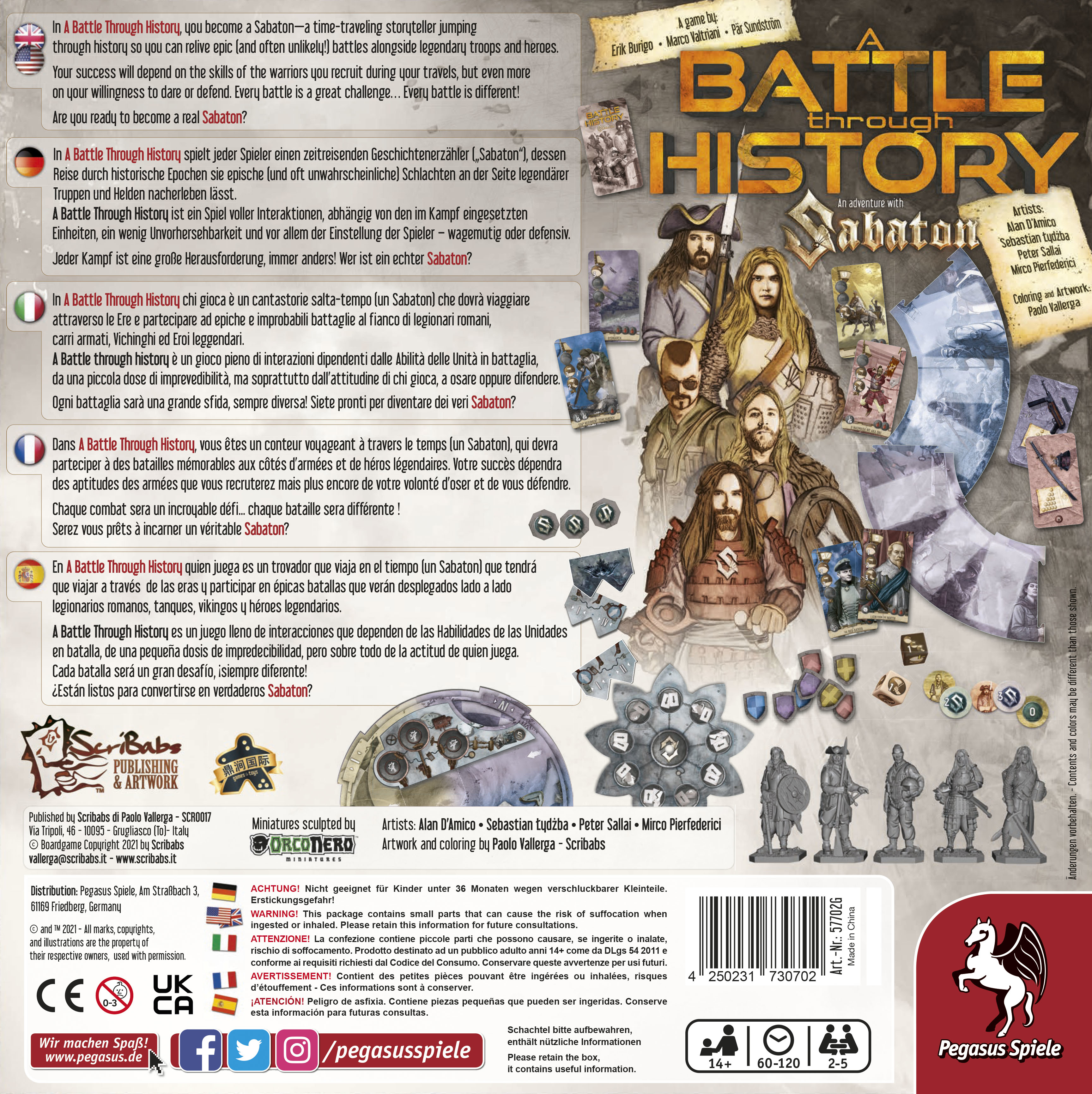 Rückseite einer Brettspielbox mit Text und Bildern, die das Thema des Spiels einer historischen Schlacht zeigen.