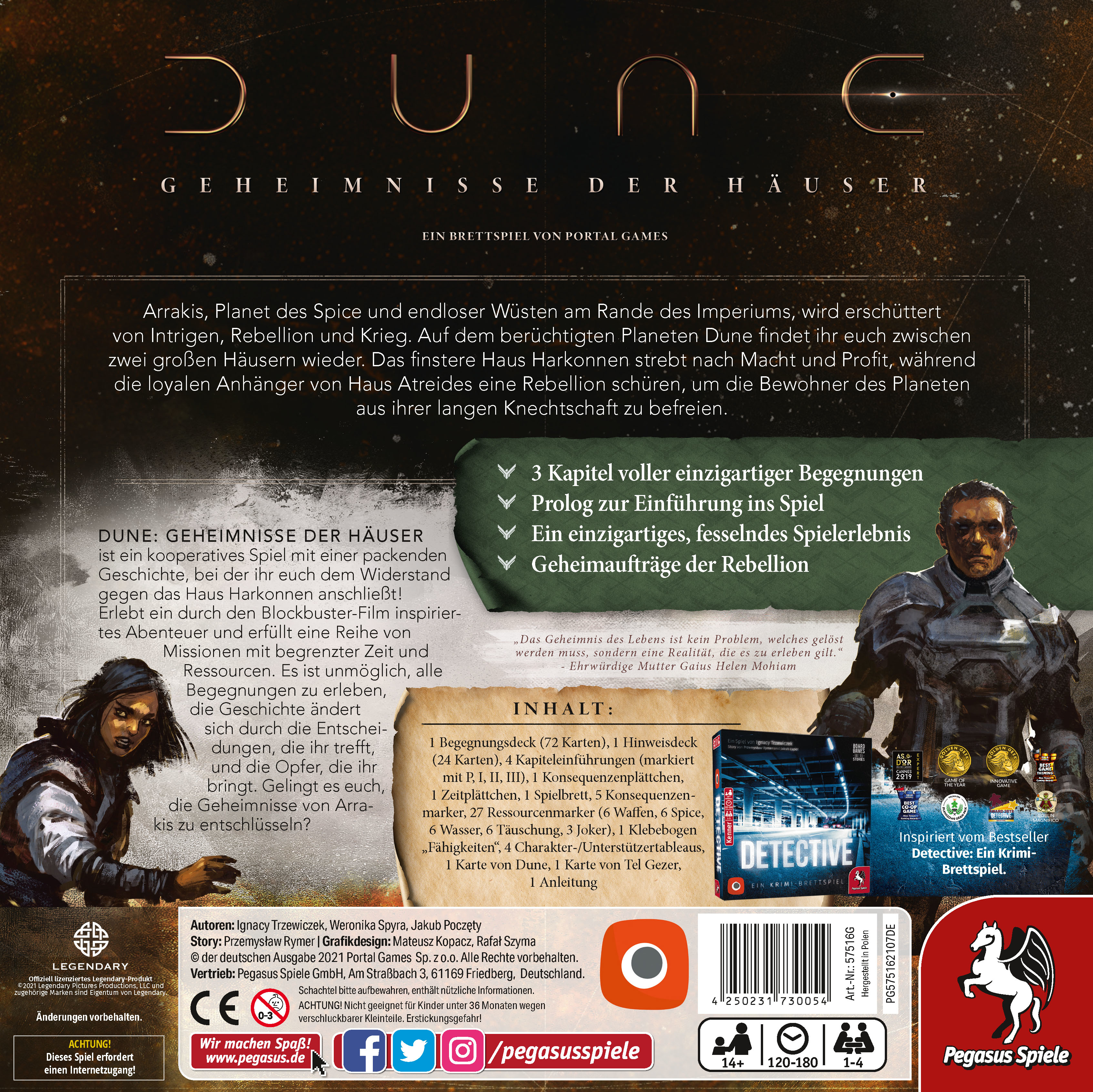 Dune Brettspielbox. Enthält eine Frau und einen Mann, Spieldetails und das Pegasus Spiele Logo.