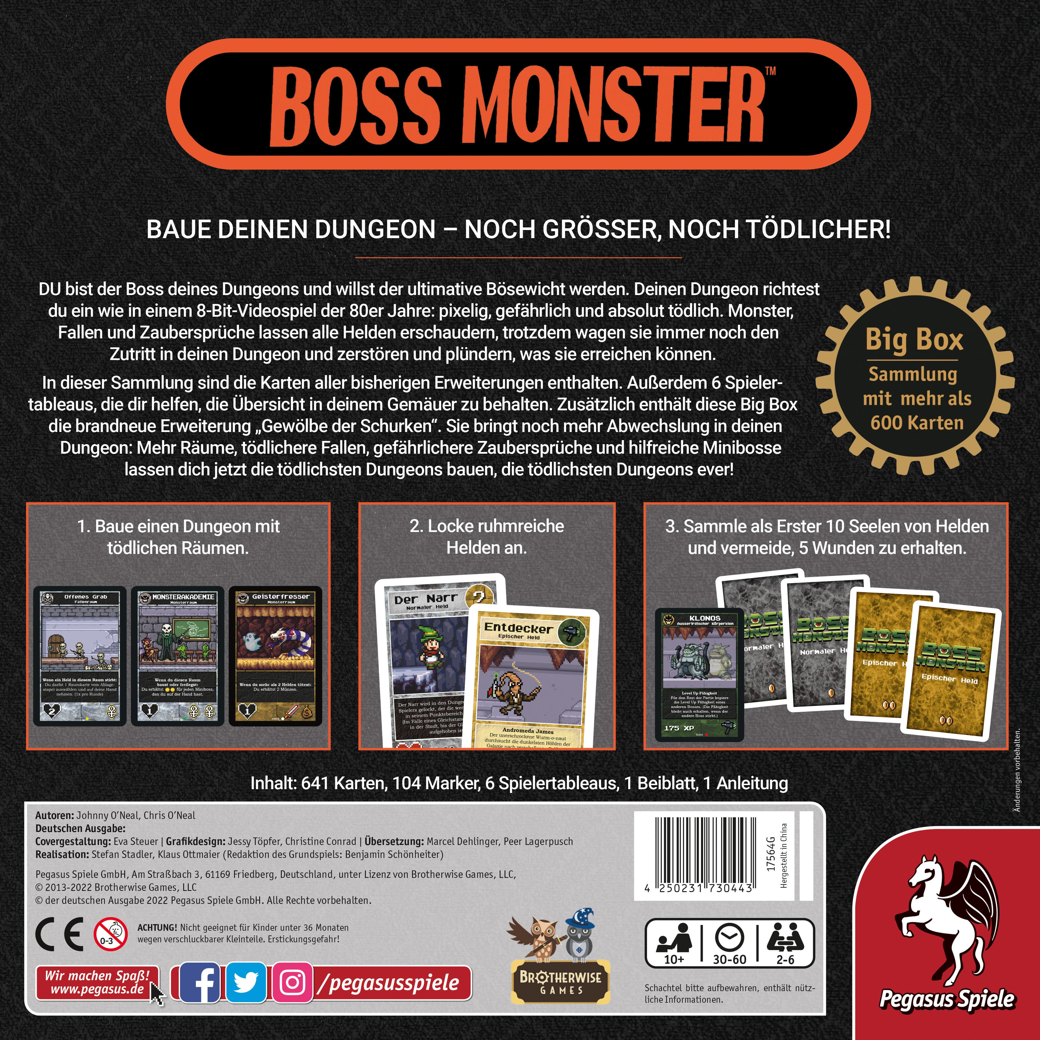 Brettspielbox. Text: 'BOSS MONSTER'. Karten, Würfel und ein Spielbrett sind sichtbar.