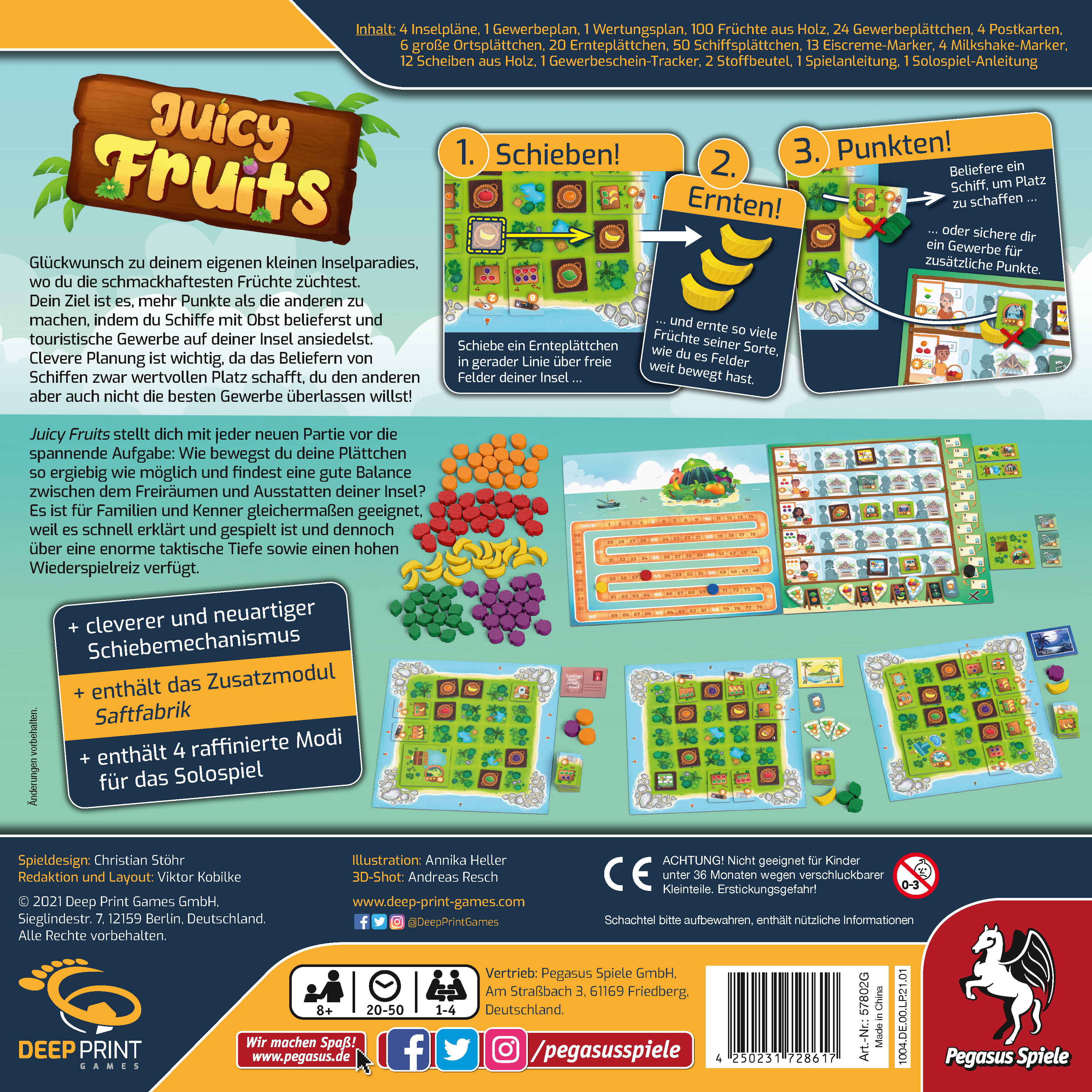 Eine Spielbox mit bunten Illustrationen. Menschen spielen das Spiel rund um die Box.