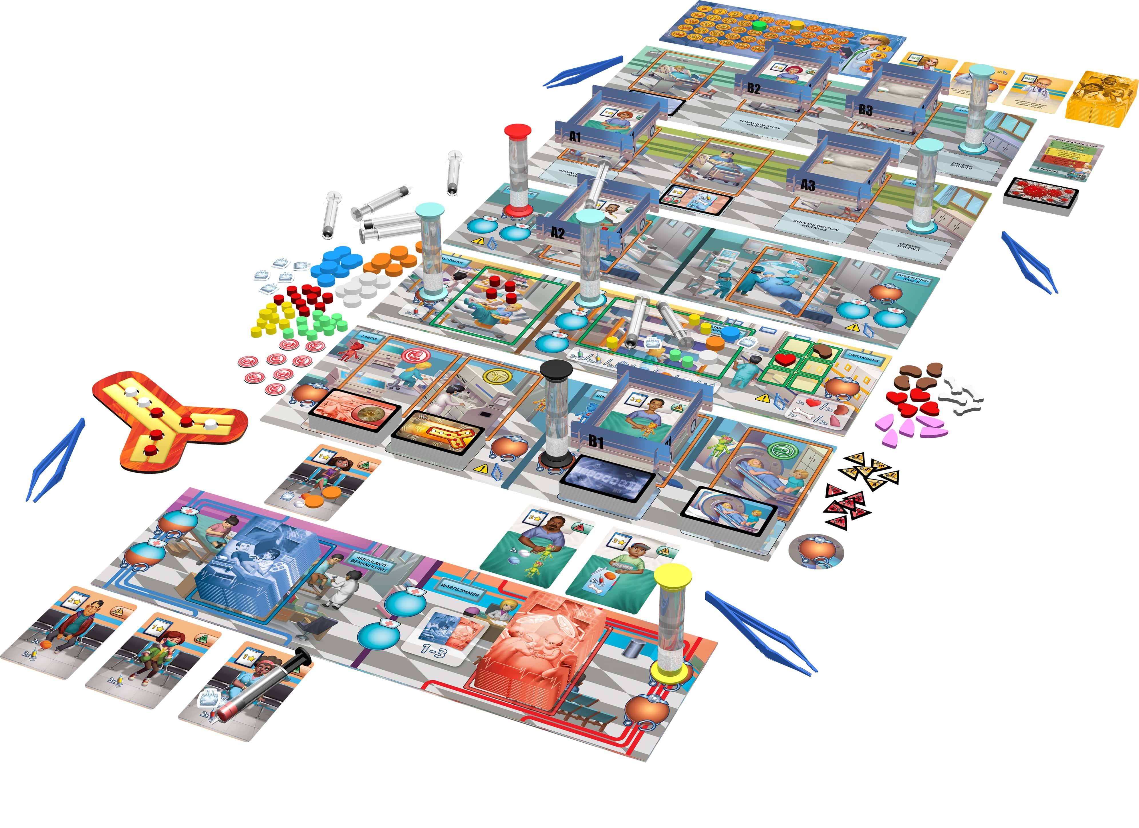 Ein Brettspiel, das mit verschiedenen Spielsteinen aufgebaut ist. Es hat Karten, Token und Timer.