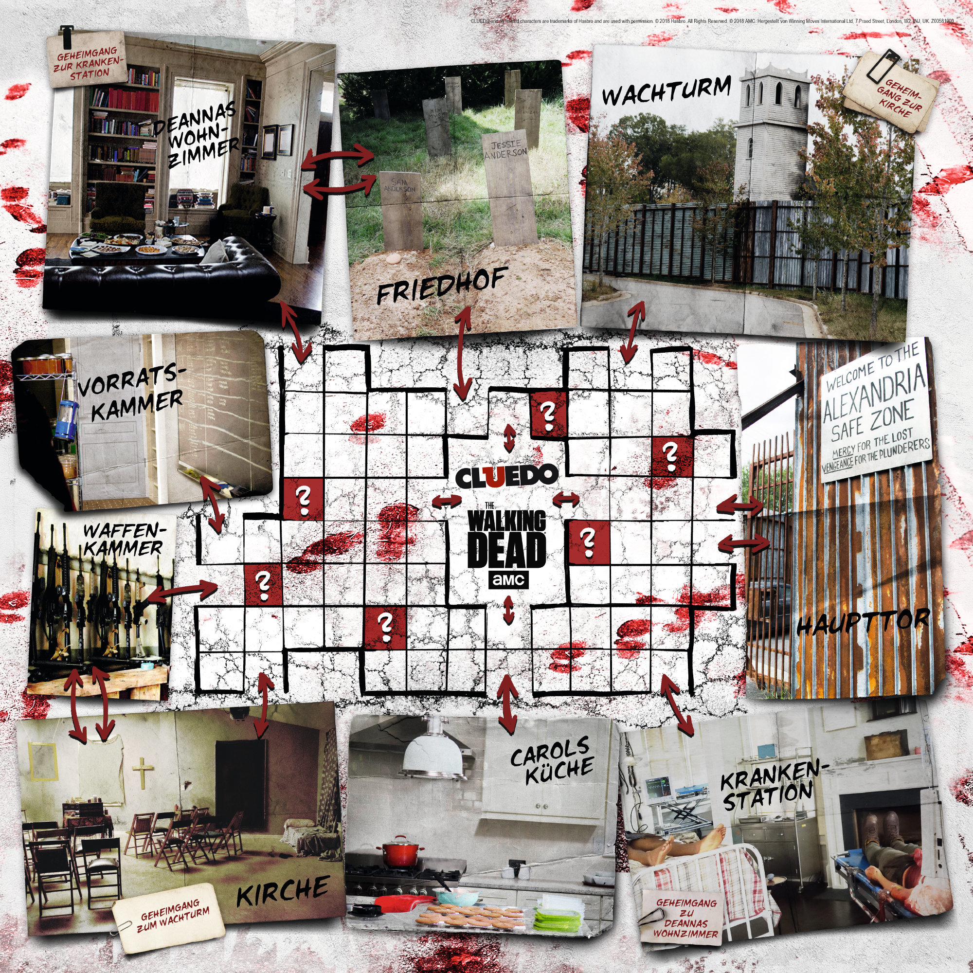 Gra planszowa Cluedo z motywem The Walking Dead, różne zdjęcia scen.