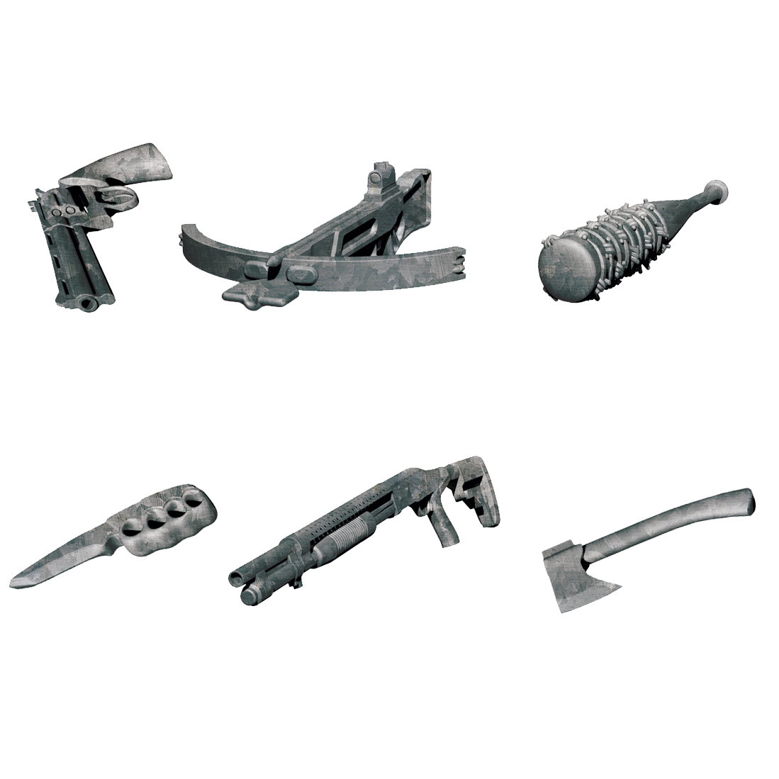 Sześć szarych zabawek-broni: pistolet, kusza, maczuga, nóż, strzelba i topór.