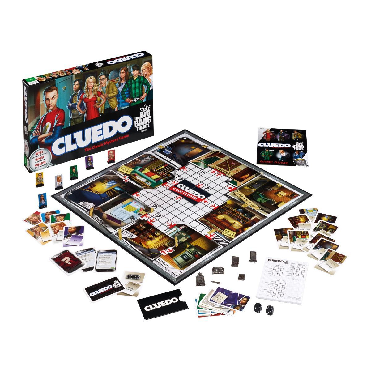 Cluedo-Brettspiel mit Karten, Figuren und einem Spielbrett mit 'The Big Bang Theory'.
