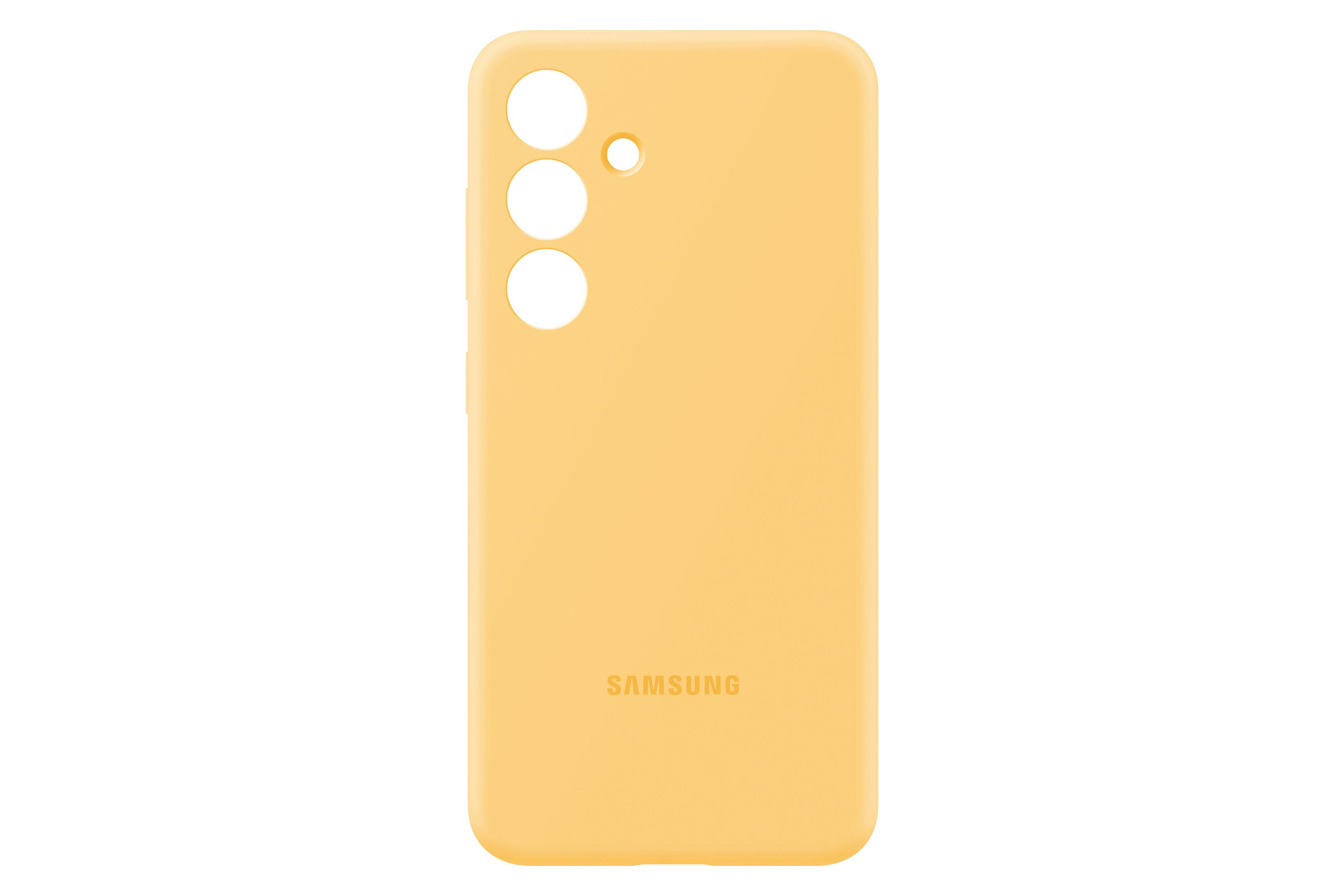 Een gele telefoonhoes met een Samsung label aan de onderkant. Het heeft drie camera gaten.