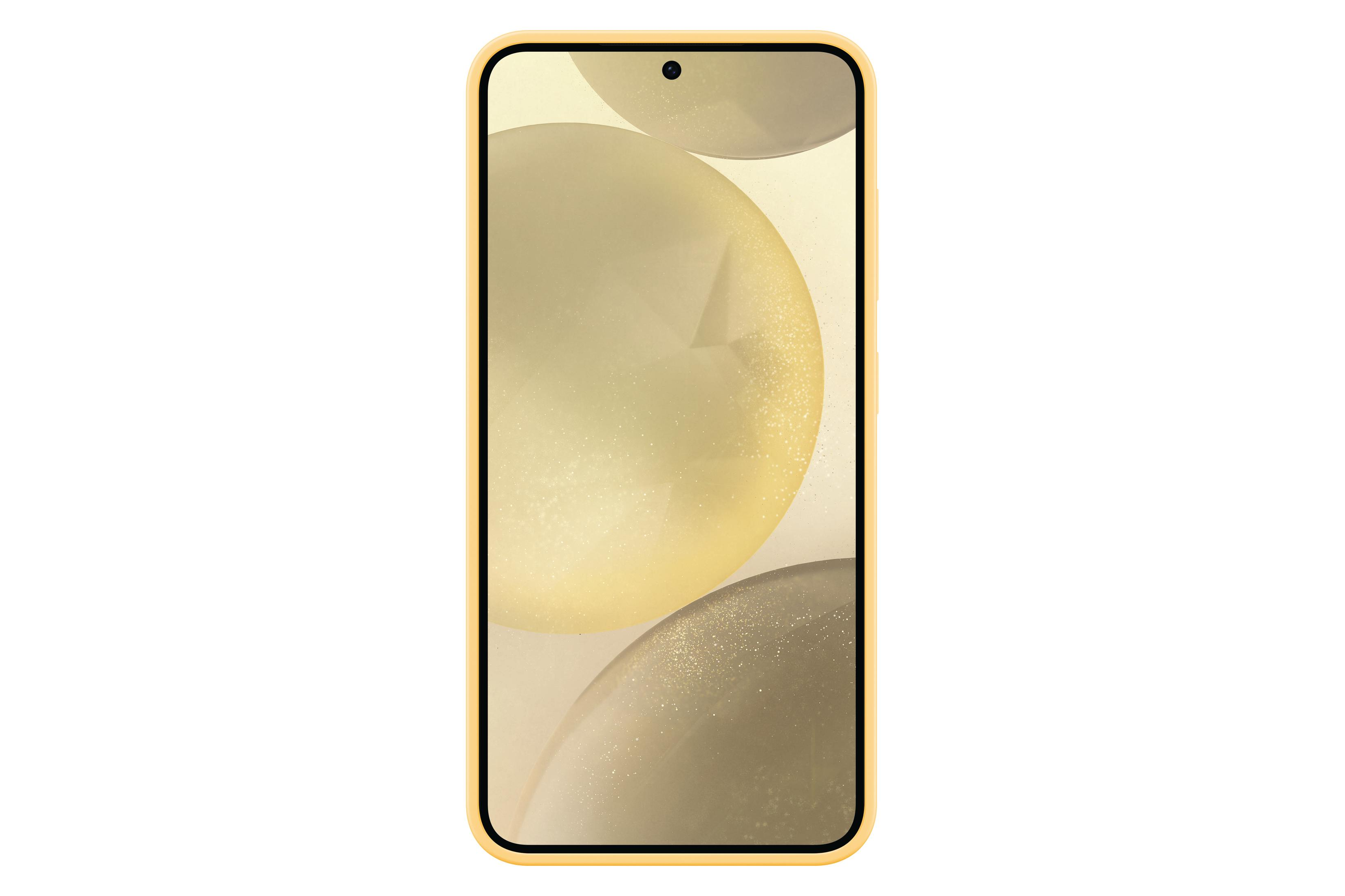 Een telefoon met een gele hoes en een scherm met gele bollen.