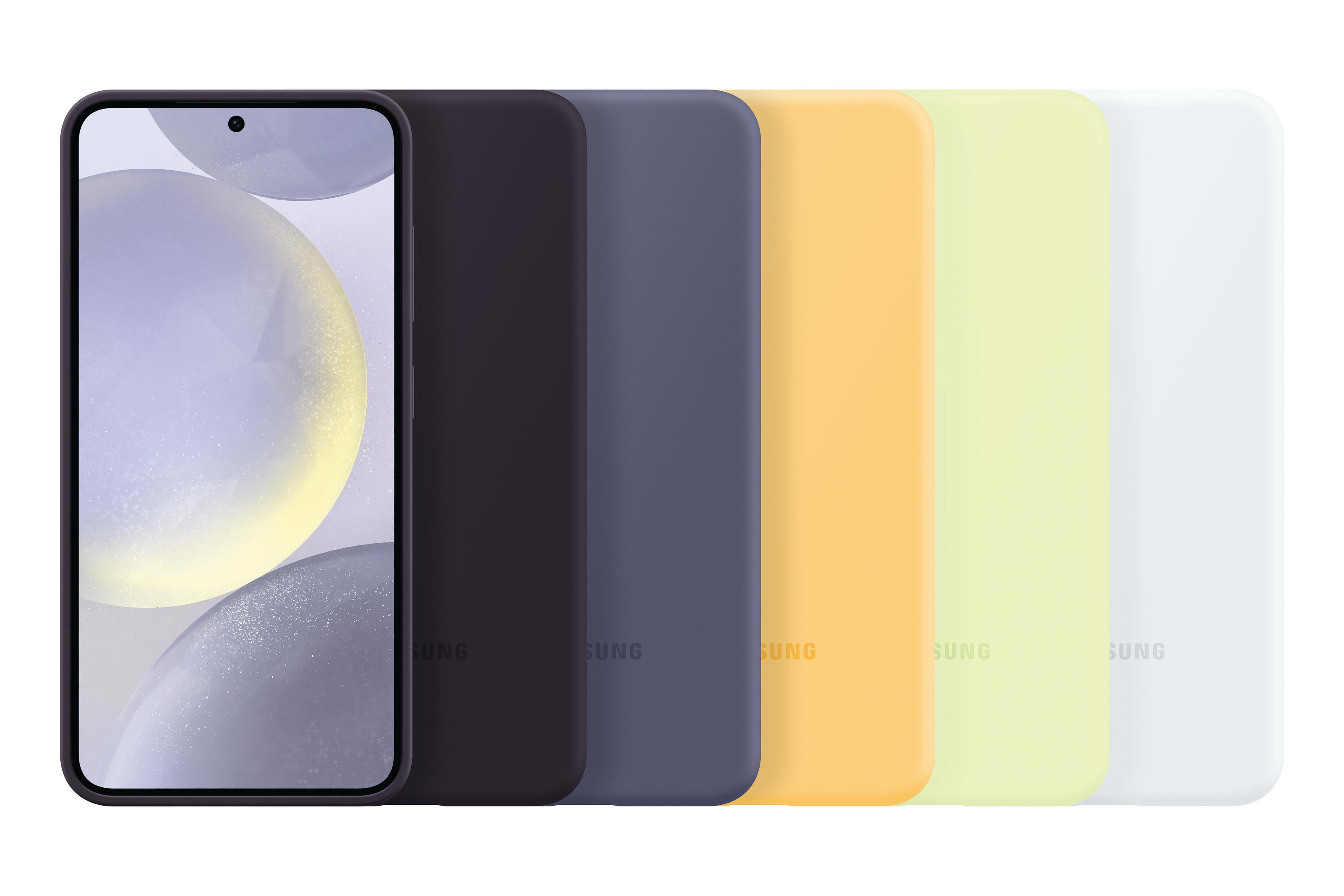 Telefoon links, met zes gekleurde hoesjes rechts opgesteld.