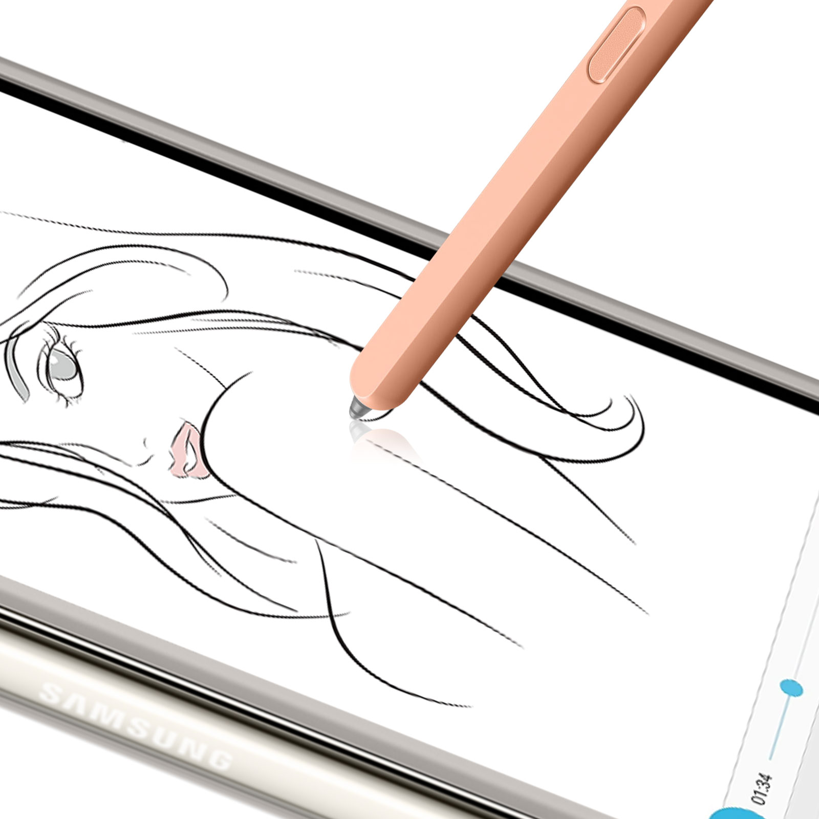 Primo piano di uno stilo che disegna su uno schermo del telefono. Il logo Samsung.
