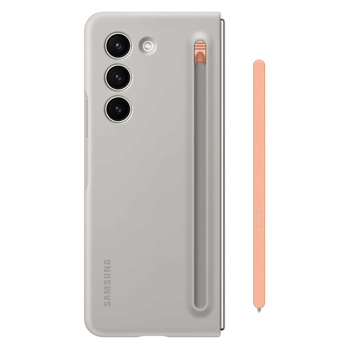 Telefono grigio con tre fotocamere, uno stilo. Lo stilo è accanto al telefono, logo Samsung sopra.