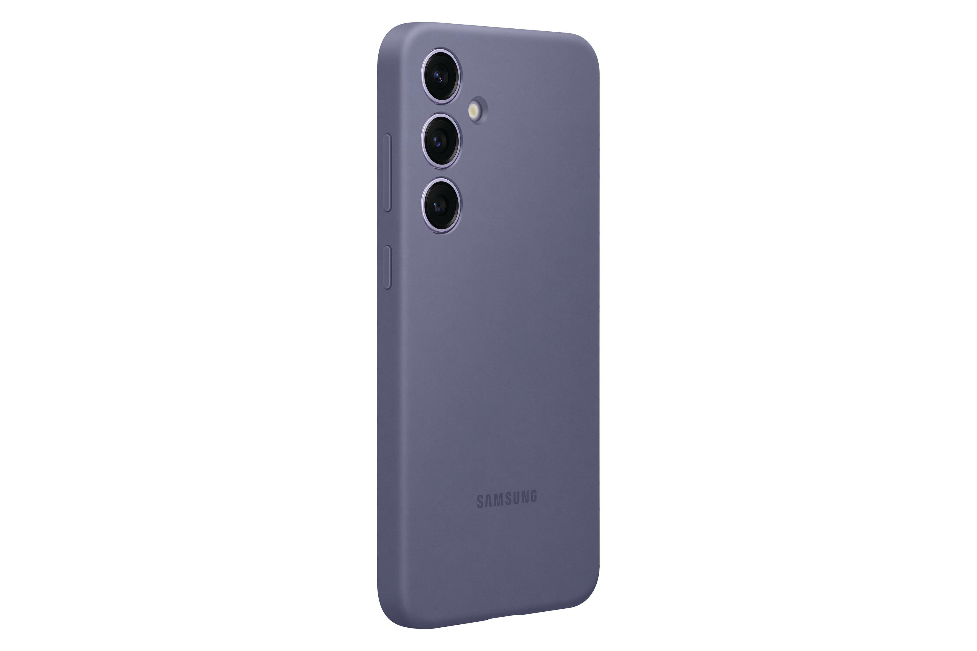 Paarse telefoon met drie camera's aan de achterkant en zijknoppen. Samsung logo. Geïsoleerd op een witte achtergrond.
