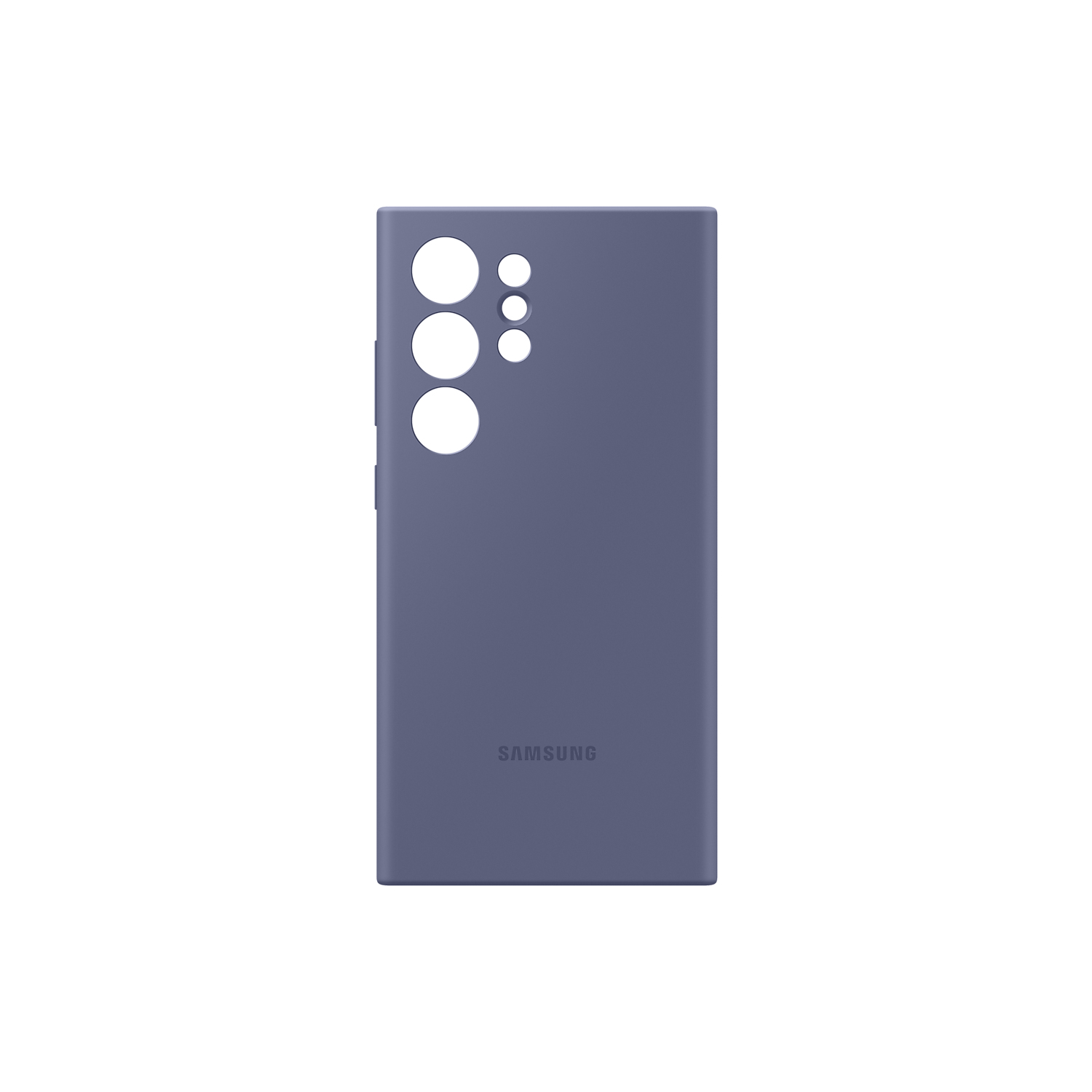 Ciemnoniebieskie etui na telefon z otworami na aparat. Słowo SAMSUNG na dole. Białe tło.