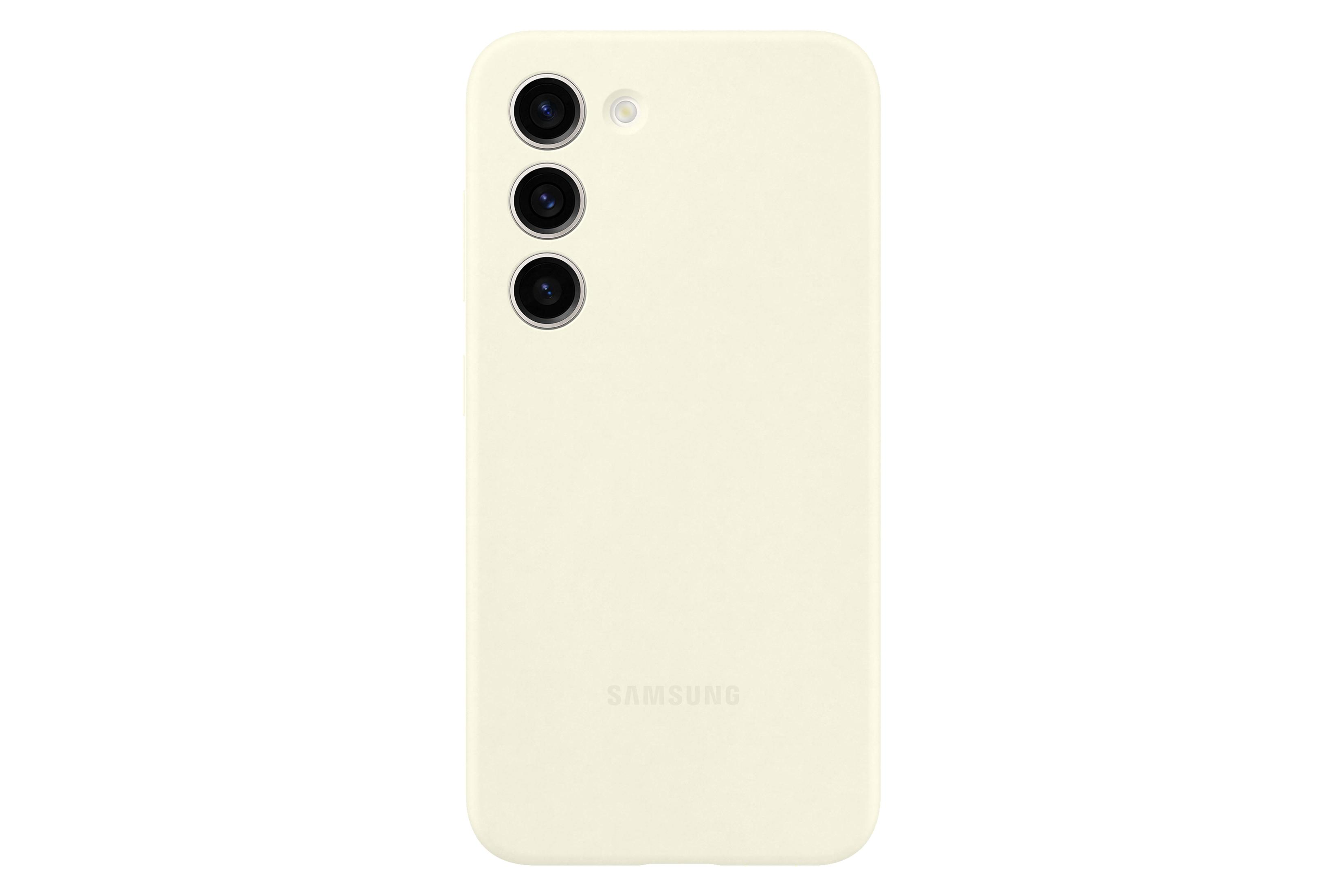 Custodia per telefono color crema. Tre fori per fotocamera. Logo Samsung. Sfondo bianco.