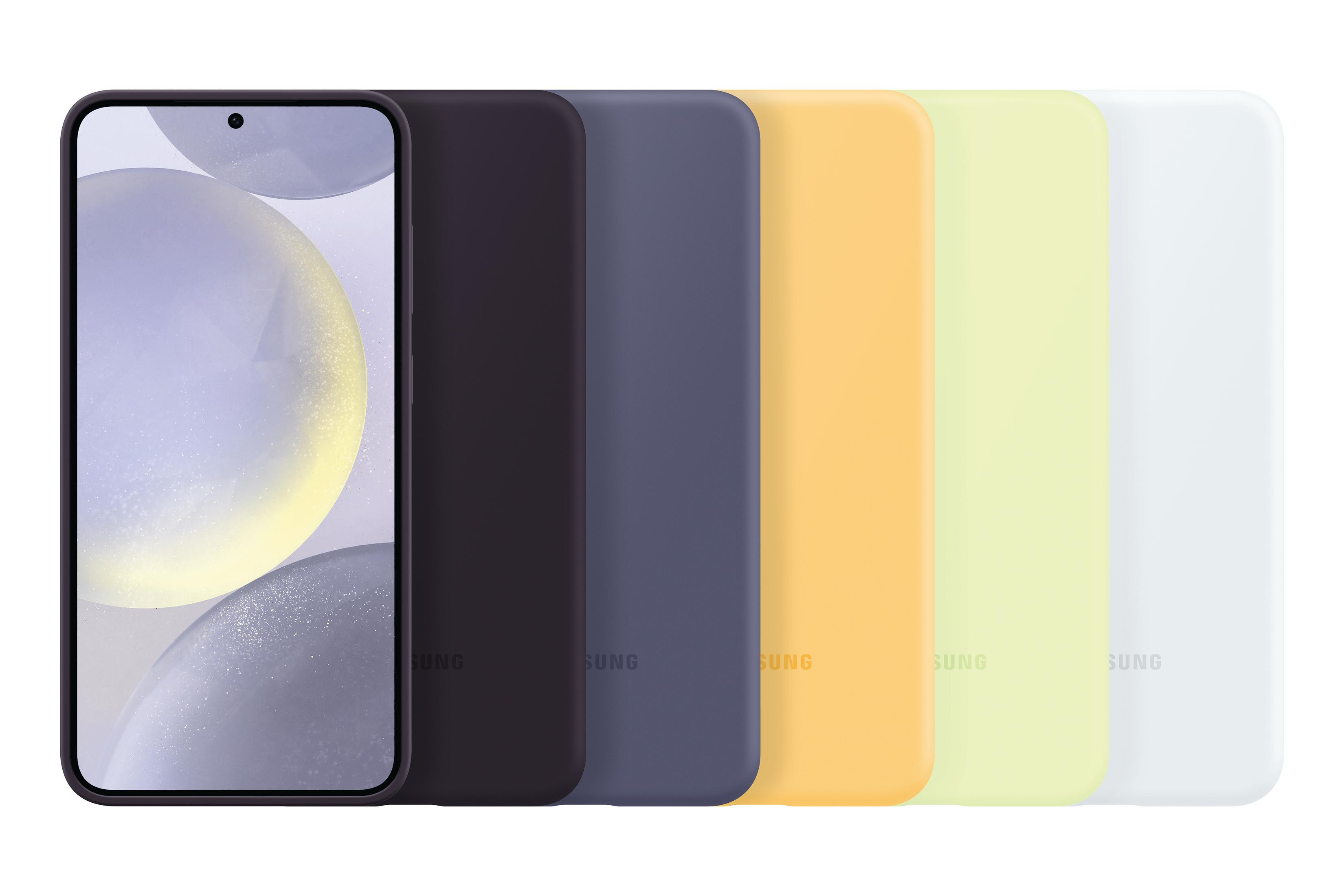 Zes telefoonhoesjes, diverse kleuren, met een telefoon links. Geïsoleerd op wit.