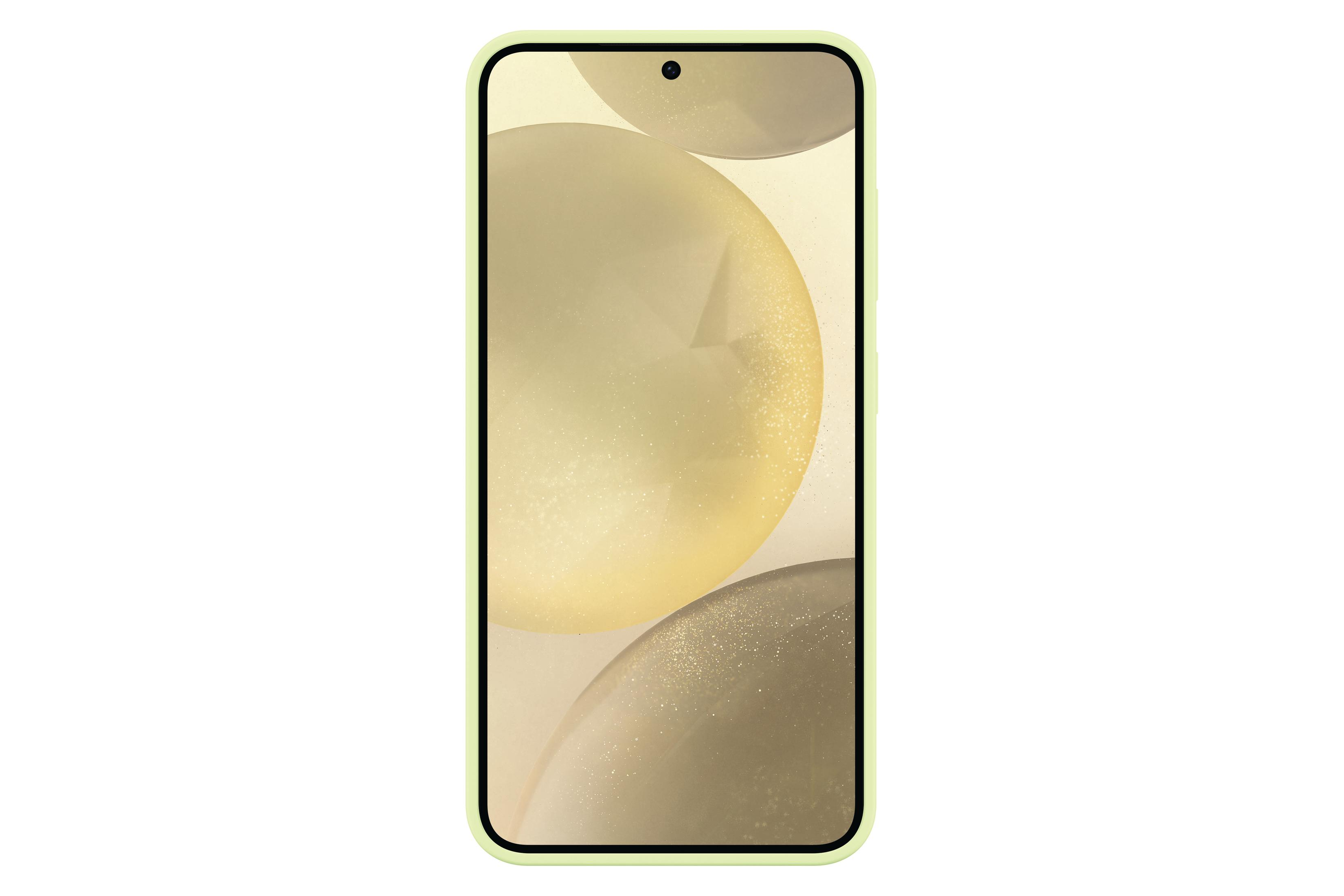 Een smartphone met een scherm dat gele bollen toont. De telefoon zit in een lichtgroene hoes.