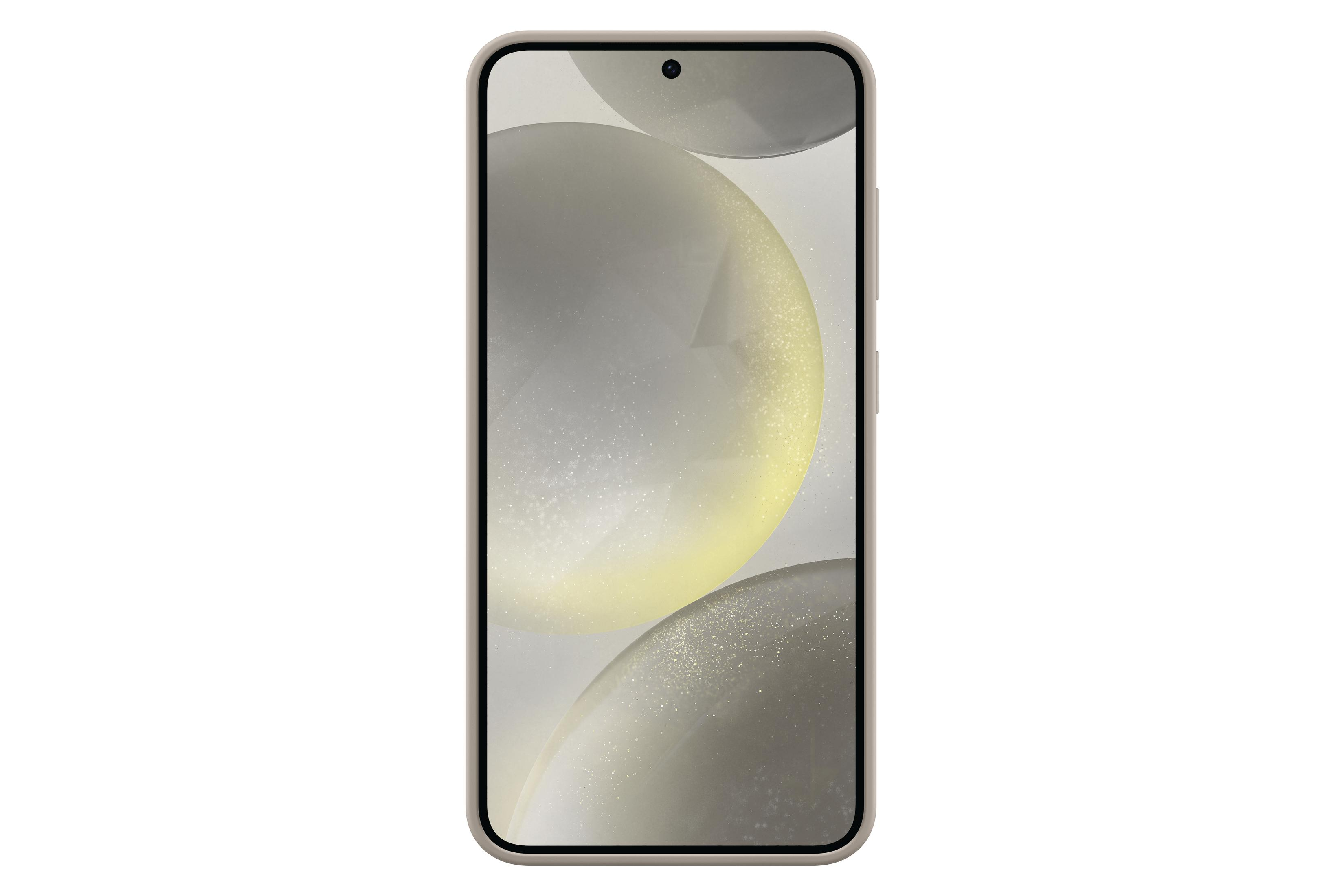 Telefoon met een lichtbeige hoes en een scherm met gele bollen.