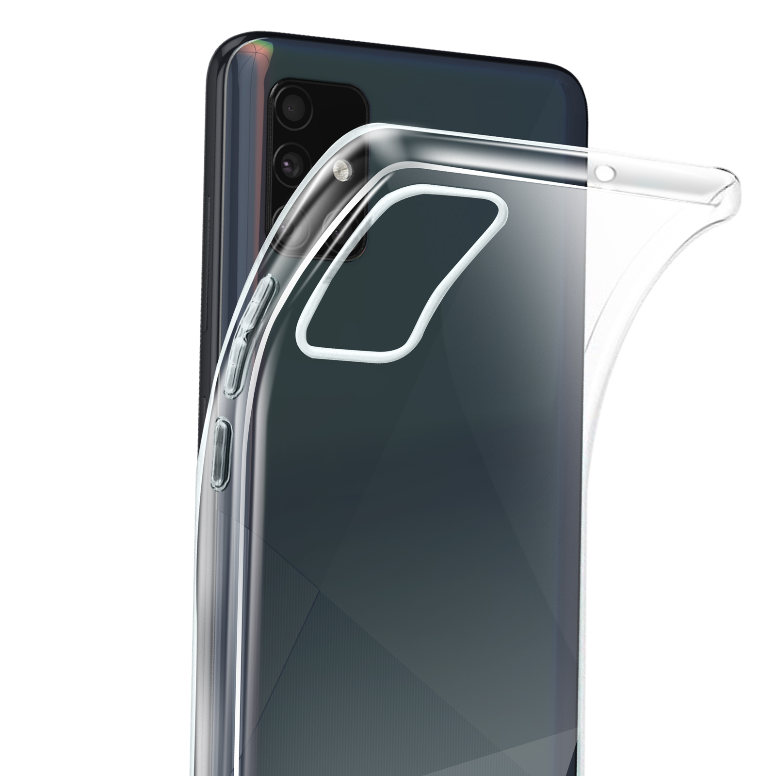 Uno smartphone con una custodia trasparente. Il telefono ha un retro nero ed è angolato verso lo spettatore.