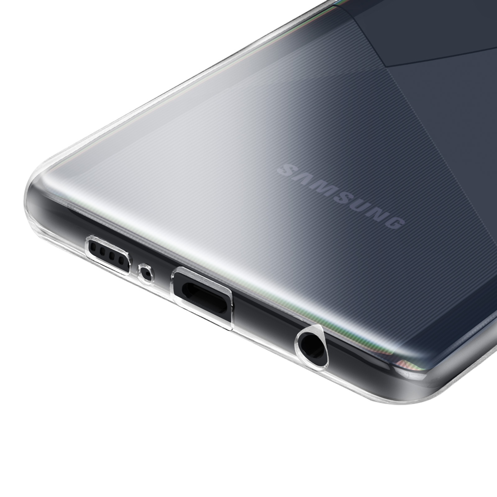 Primo piano del bordo inferiore di uno smartphone, che mostra le porte e una custodia trasparente. Logo SAMSUNG visibile.