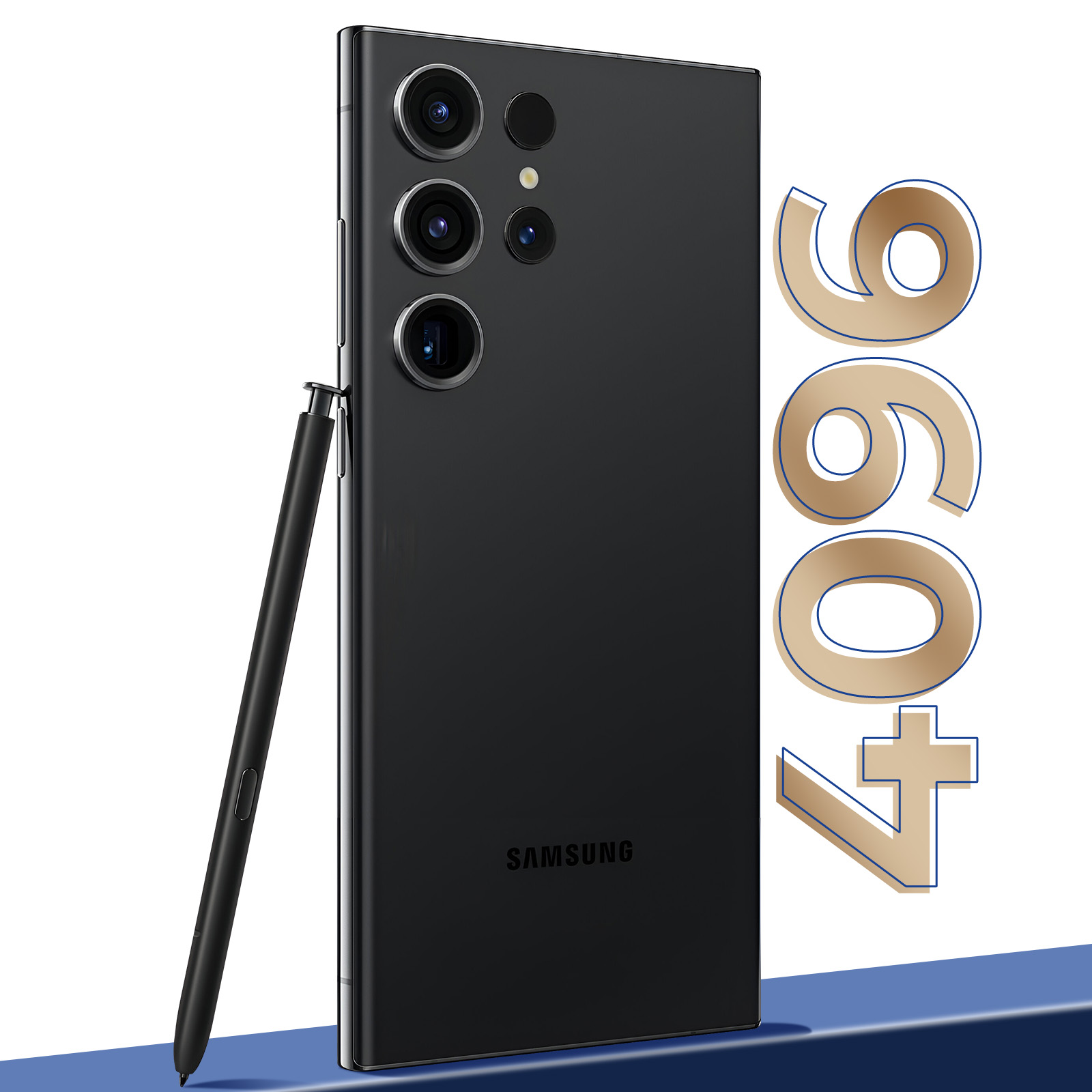 Czarny telefon z rysikiem. Złote cyfry ‘9604’ po prawej. Białe i niebieskie tło. Logo Samsung na telefonie.