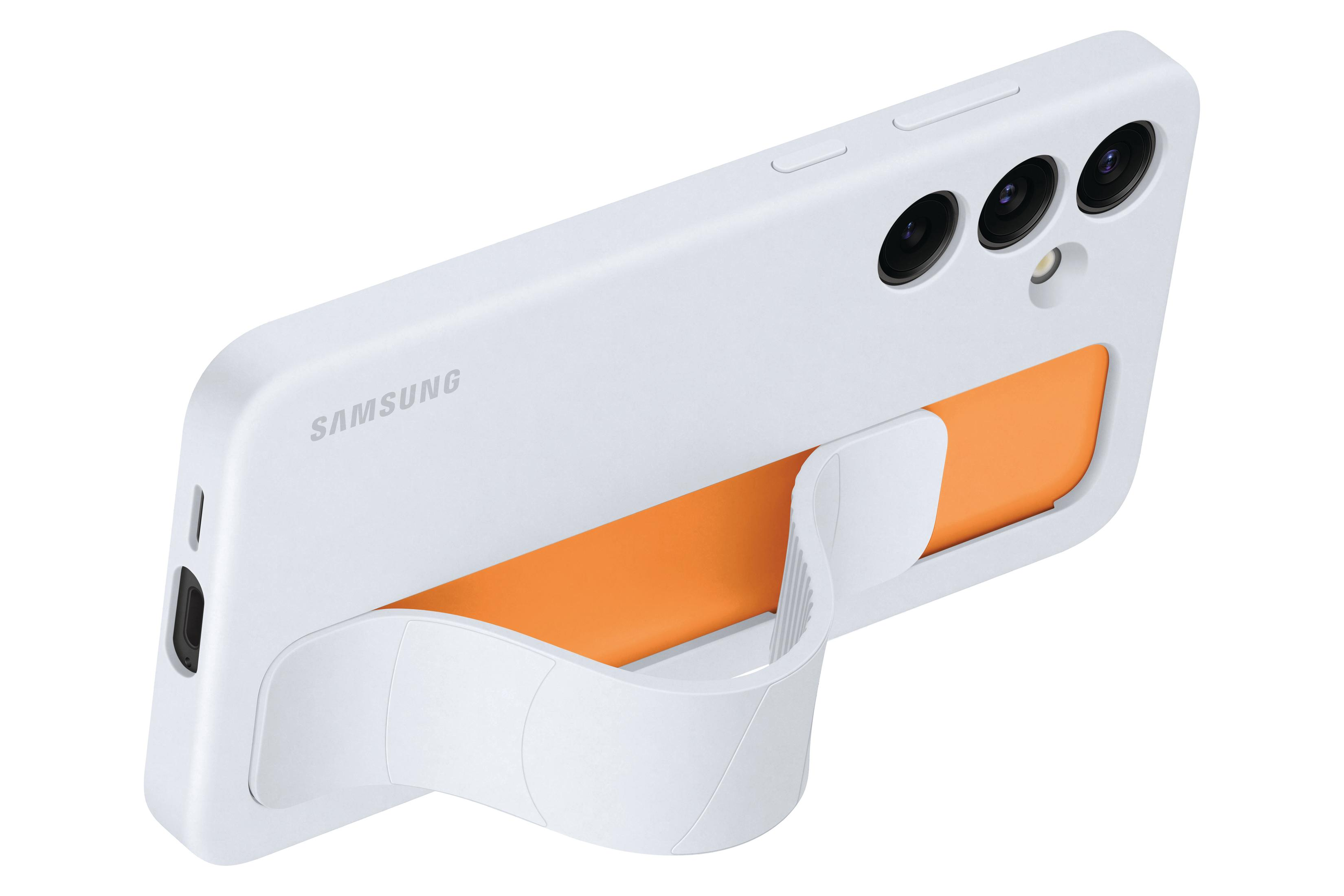 Białe etui z pomarańczowym wnętrzem i podstawką. Widoczne logo Samsung.
