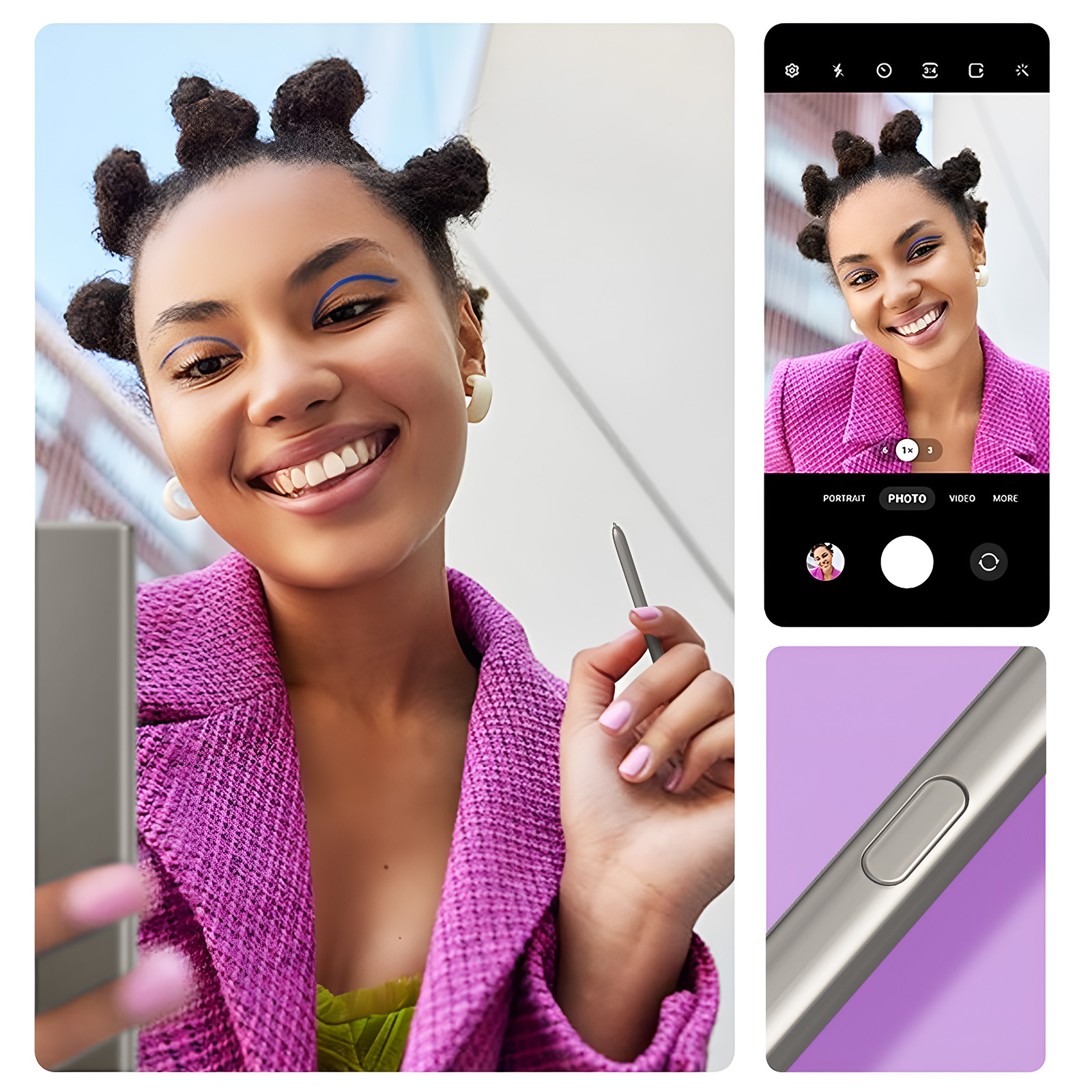 Kobieta trzyma telefon z rysikiem. Ma na sobie różową kurtkę. Są jeszcze trzy inne obrazy.