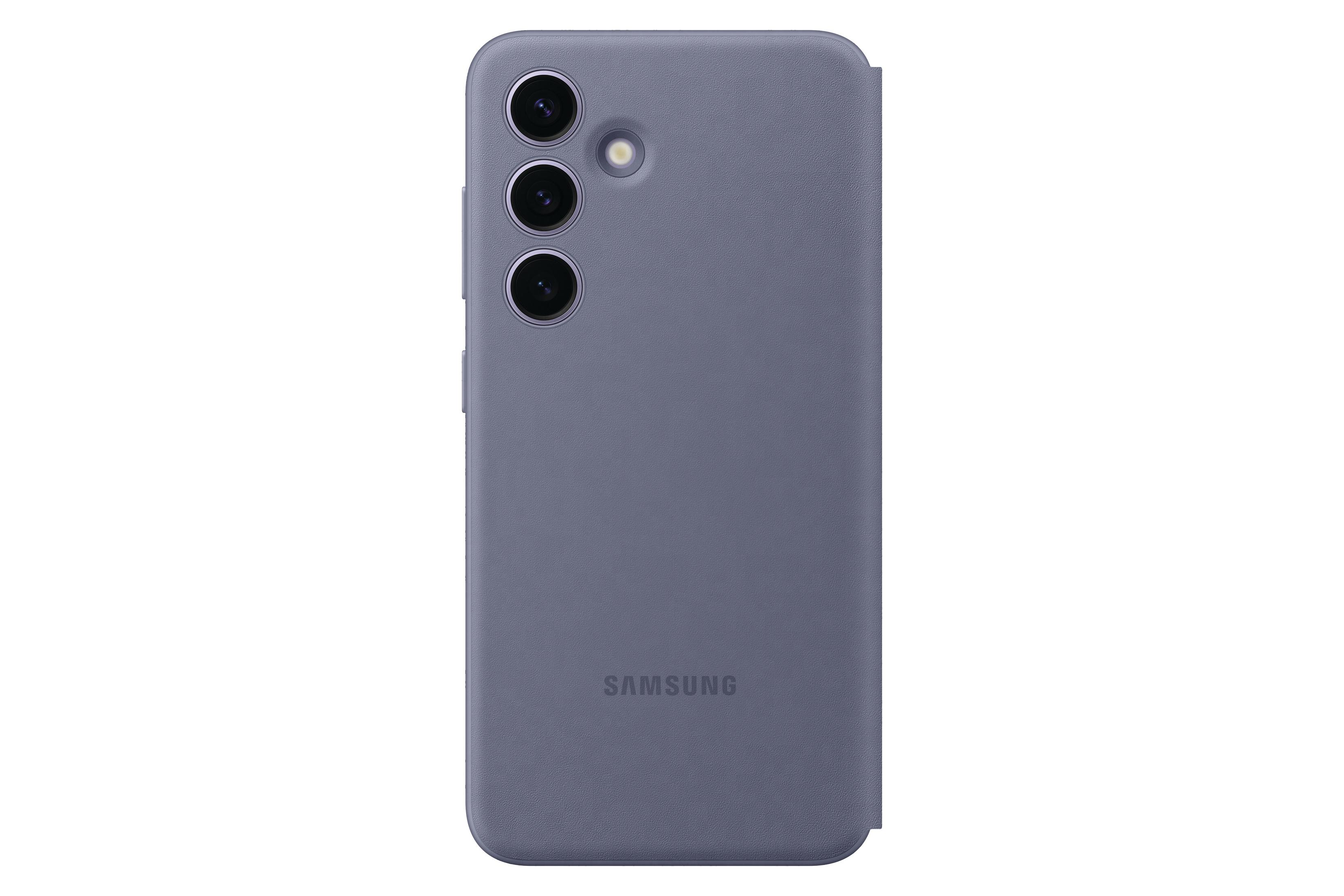 Een paarse telefoonhoes met drie cameralenzen en het Samsung-logo.