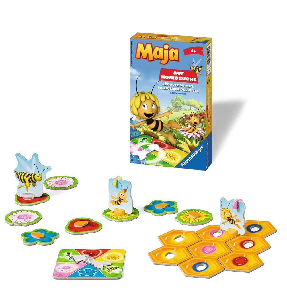 Maja Brettspiel mit Bienen-Themen-Teilen, eine Box mit dem Logo.