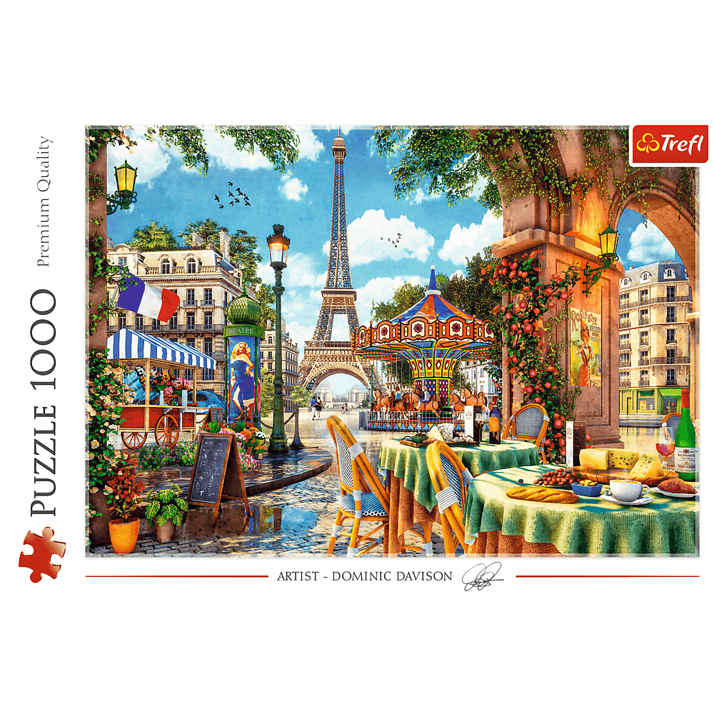 Puzzle de scène parisienne avec la Tour Eiffel, un carrousel et des tables de café. Bâtiments et ciel bleu en arrière-plan.