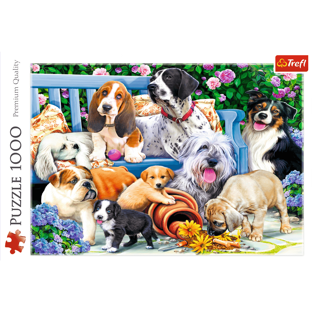A jigsaw puzzle of many dogs on a blue bench, with flowers and a green background.