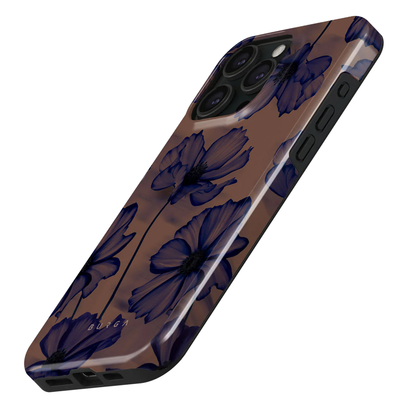 Una custodia per telefono con un motivo floreale. La custodia è su un telefono, con più fotocamere.