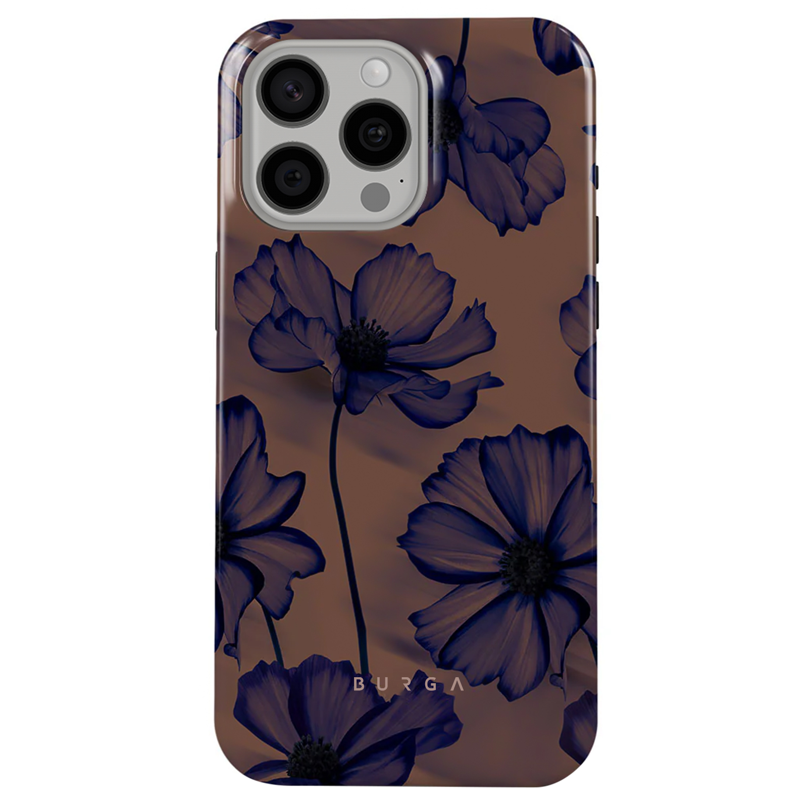 Coque de téléphone avec un motif floral de fleurs bleues sur fond marron. Le logo est Burga.