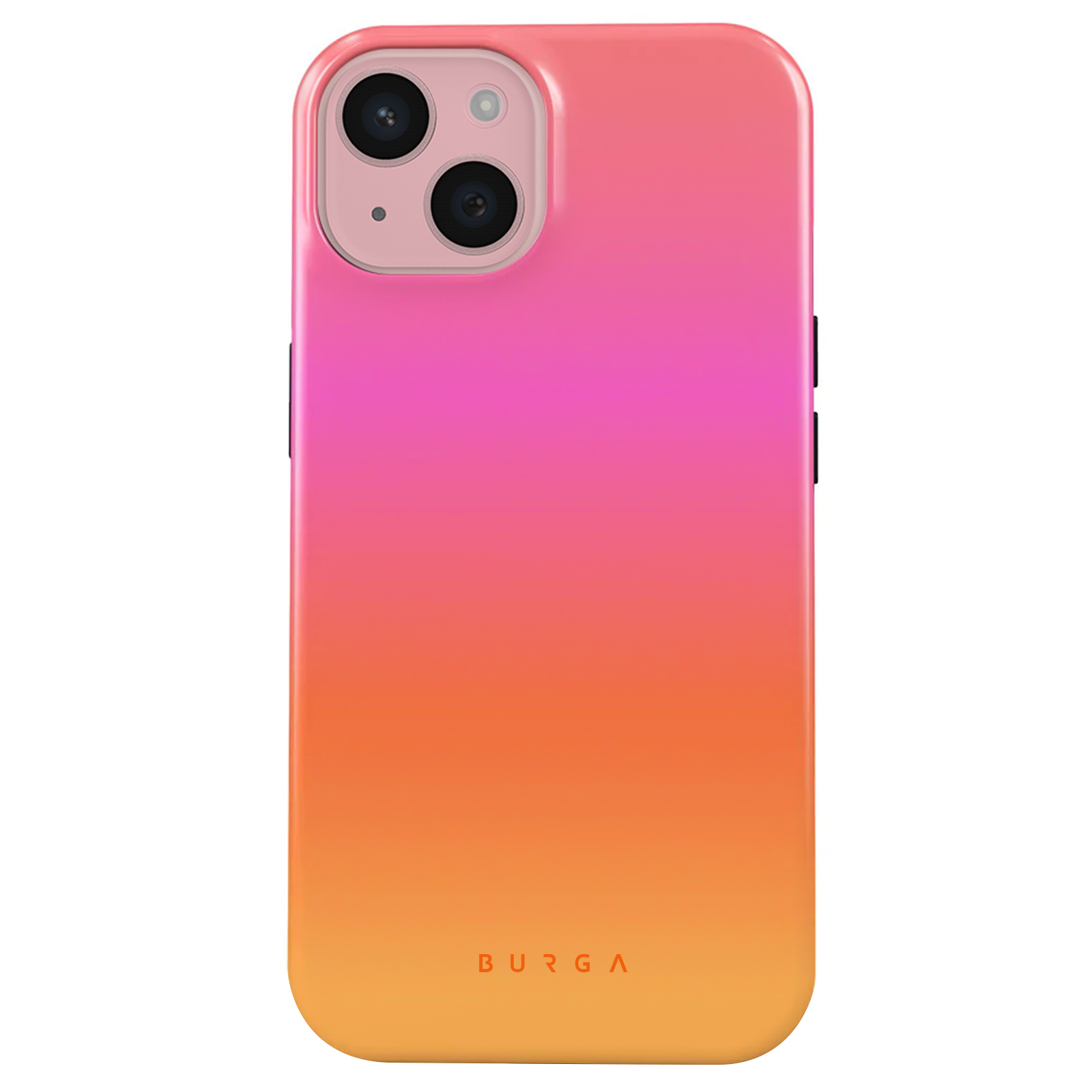 Custodia con sfumatura rosa-arancione. Testo BURGA.