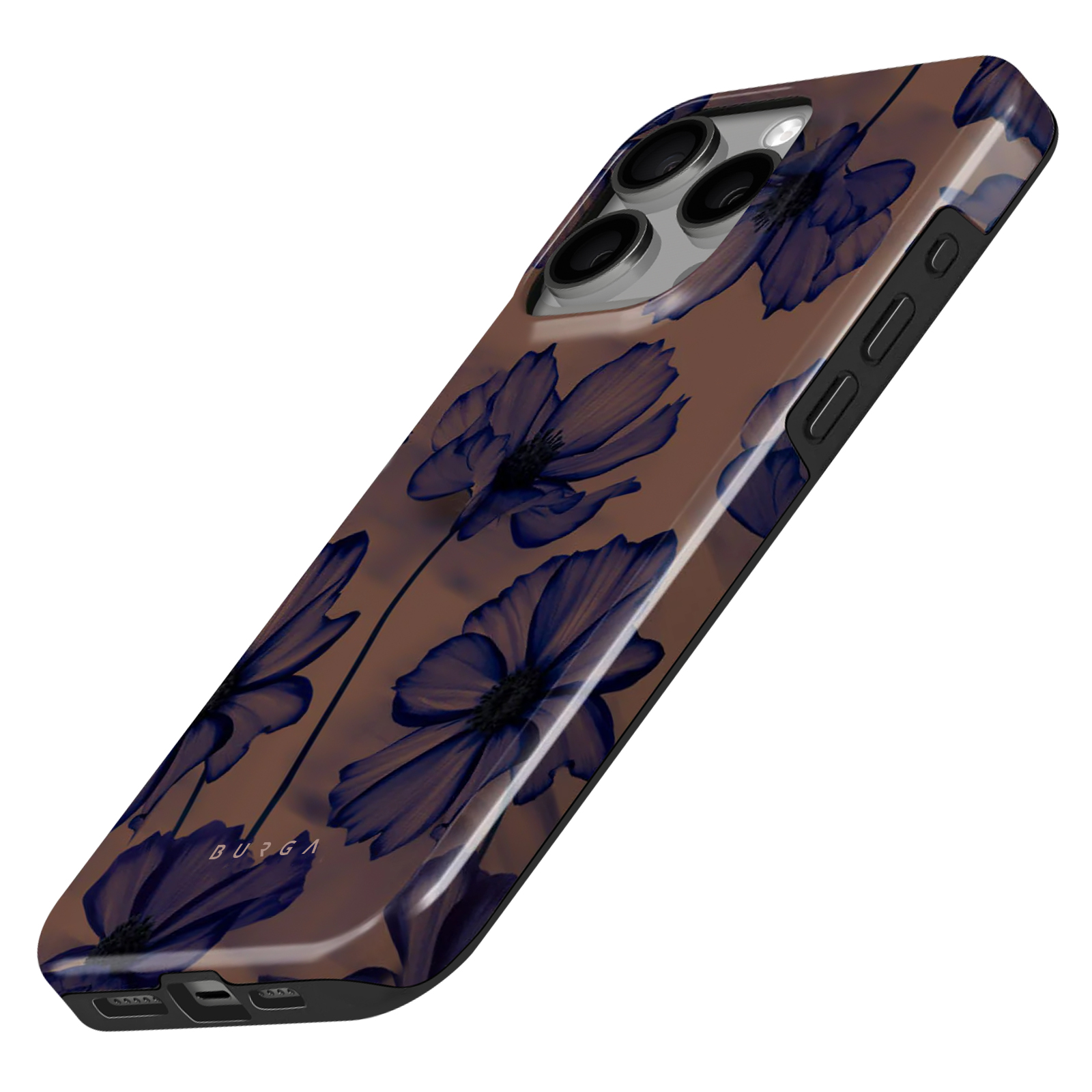 Coque de téléphone avec motif floral bleu. Fond marron avec motif floral bleu. Bords noirs.