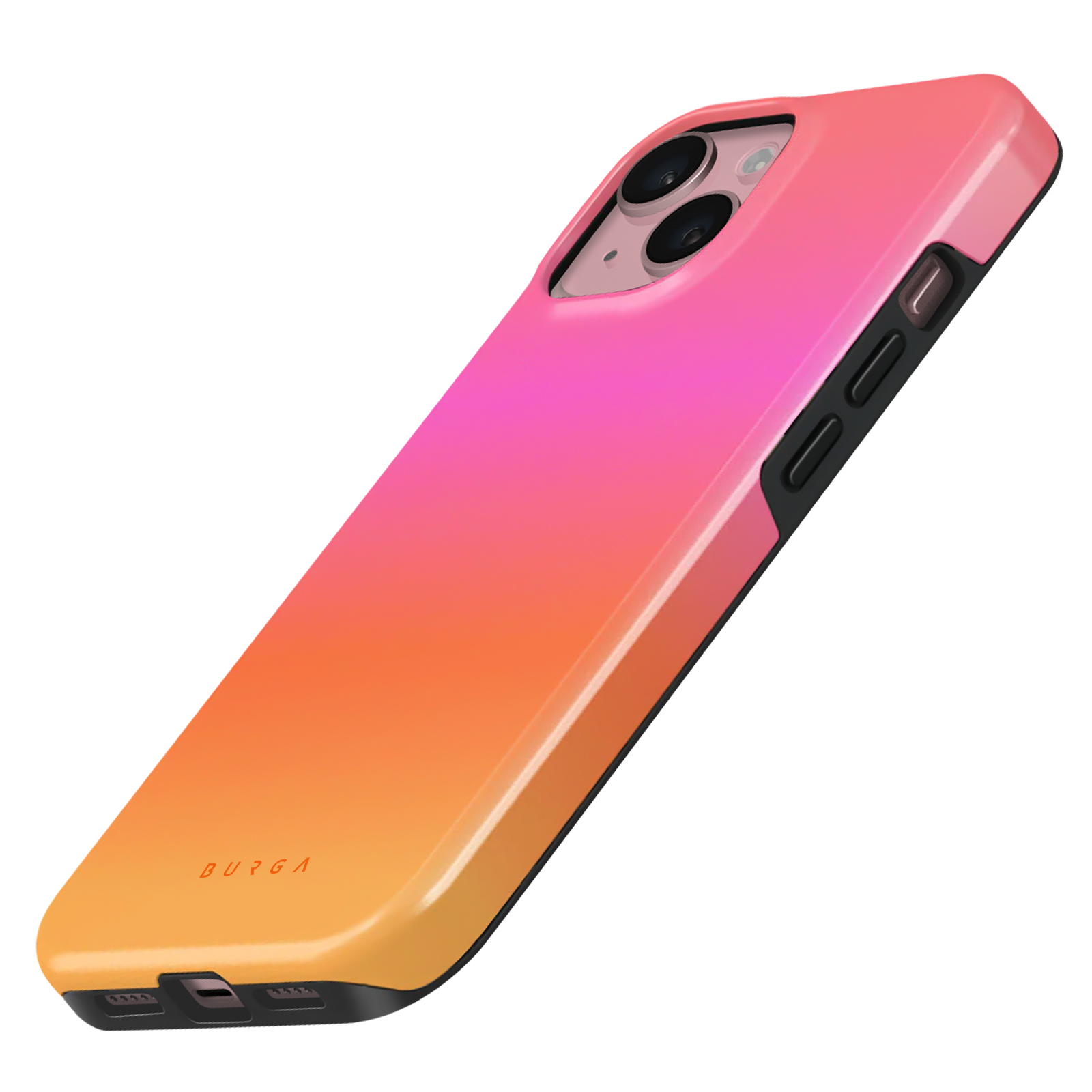 Custodia per iPhone con una sfumatura da arancione a rosa. La custodia è su sfondo bianco. Il logo Burga è visibile.