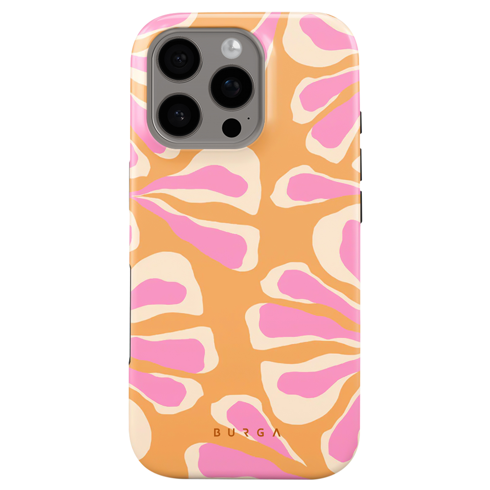 Custodia per telefono con motivo floreale arancione e rosa e logo BURGA dorato. Il telefono ha tre fotocamere.