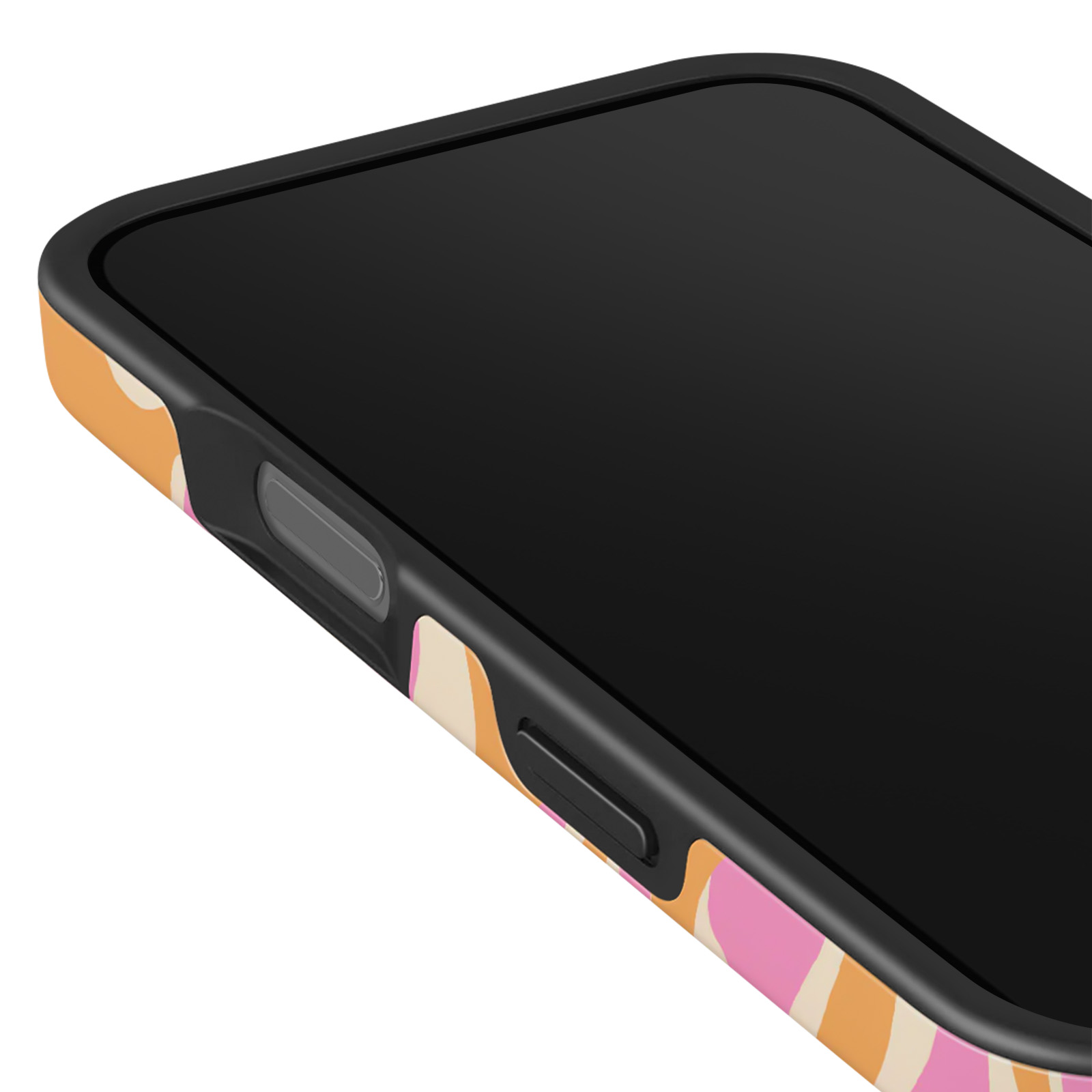 Primo piano di una custodia per telefono, schermo nero. La custodia ha un design astratto arancione, rosa e bianco.