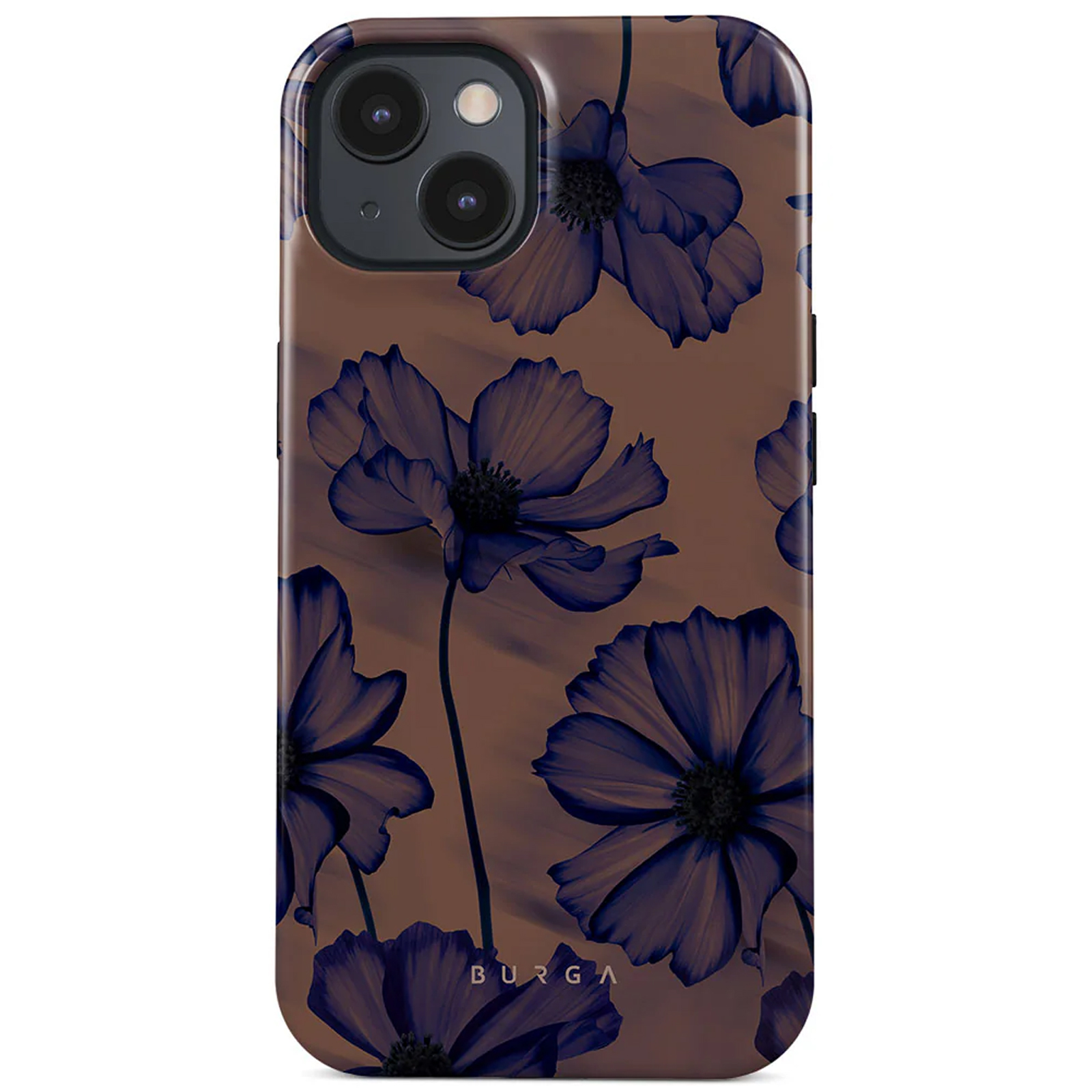 Telefoonhoes met bruine basis en blauw bloemenpatroon. Bloemen op de hoes, witte achtergrond.