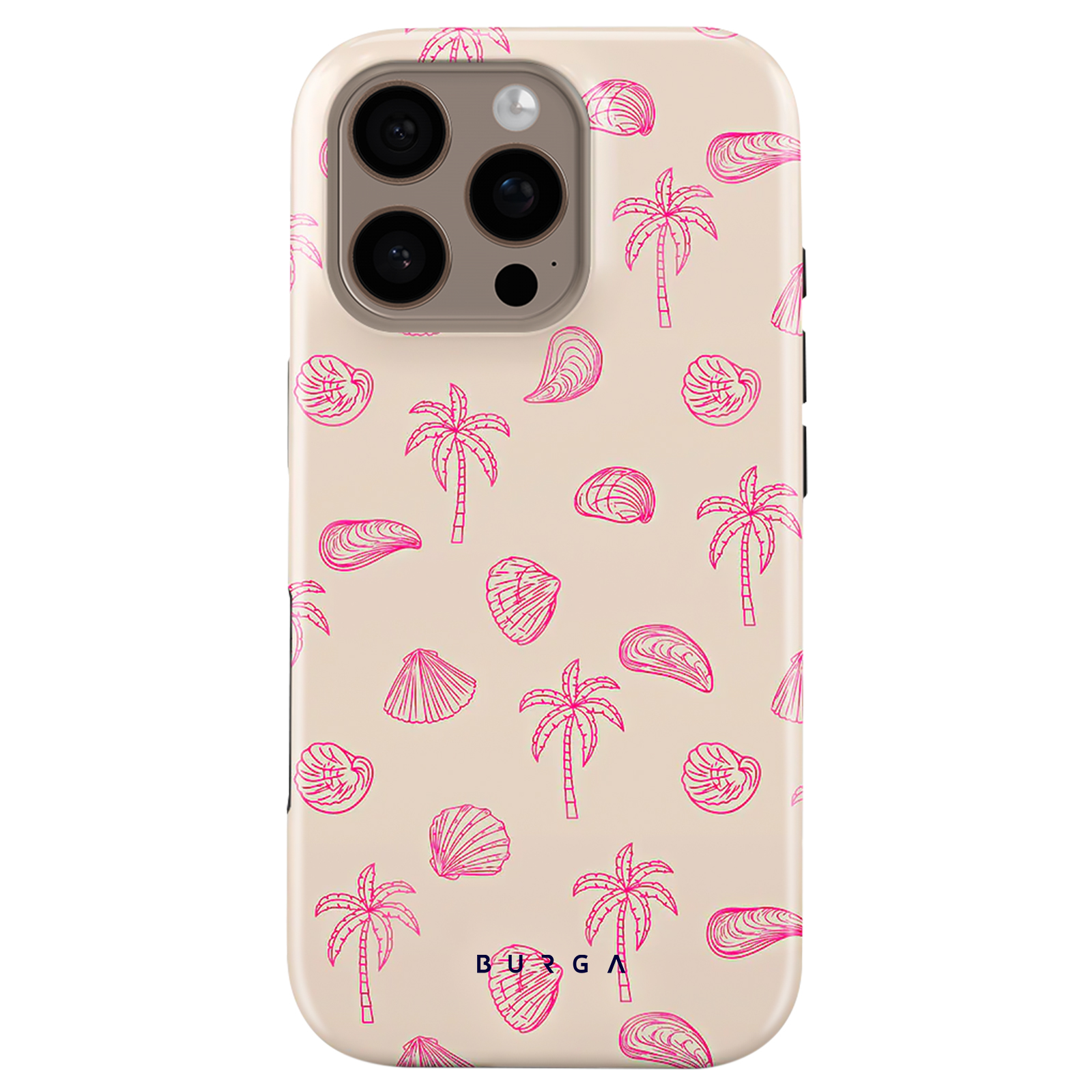 Coque de téléphone sur le thème de la plage : palmiers et coquillages sur fond clair. Marque BURGA.
