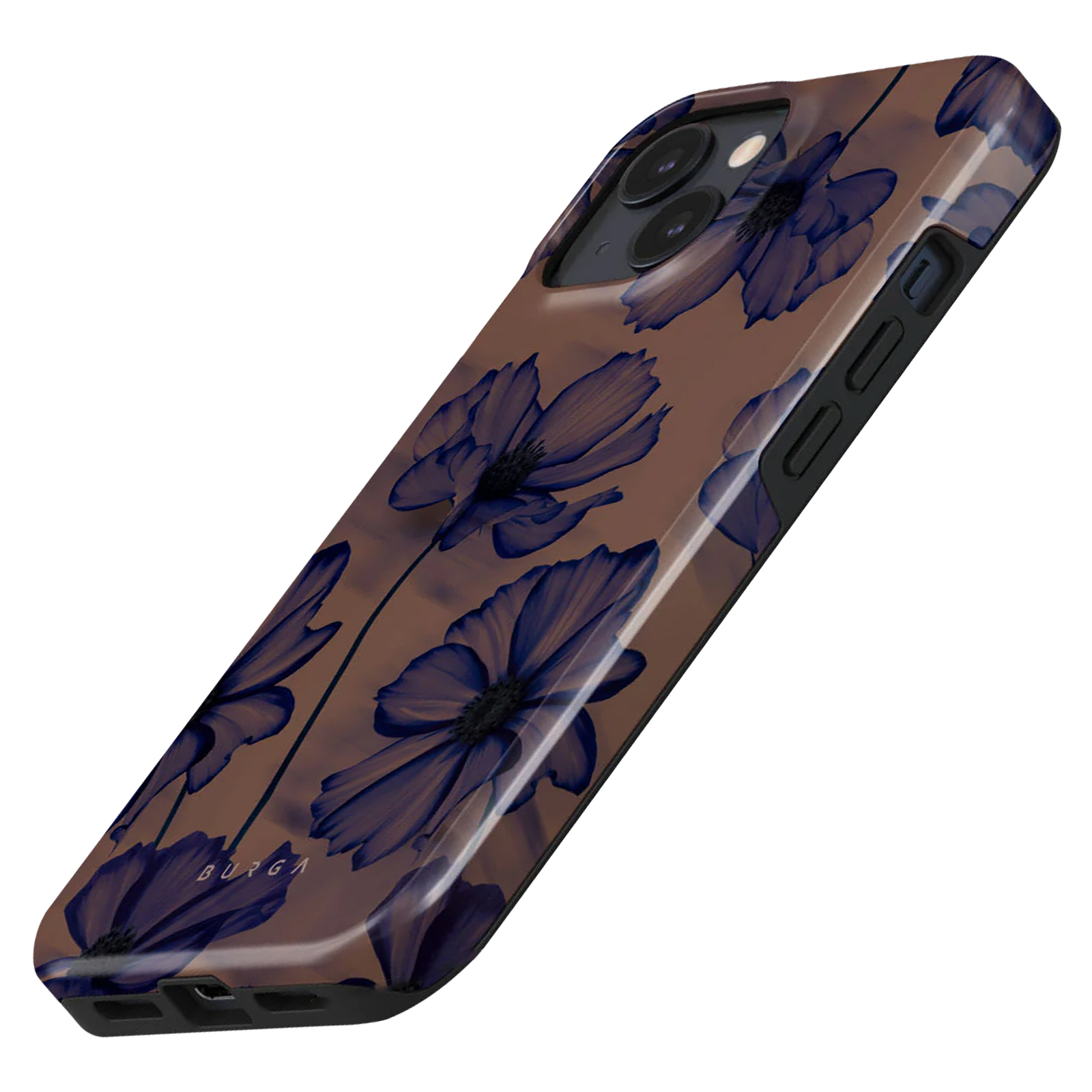 Telefoonhoesje met bruine achtergrond en blauw bloemenpatroon. Zwarte randen en camera.
