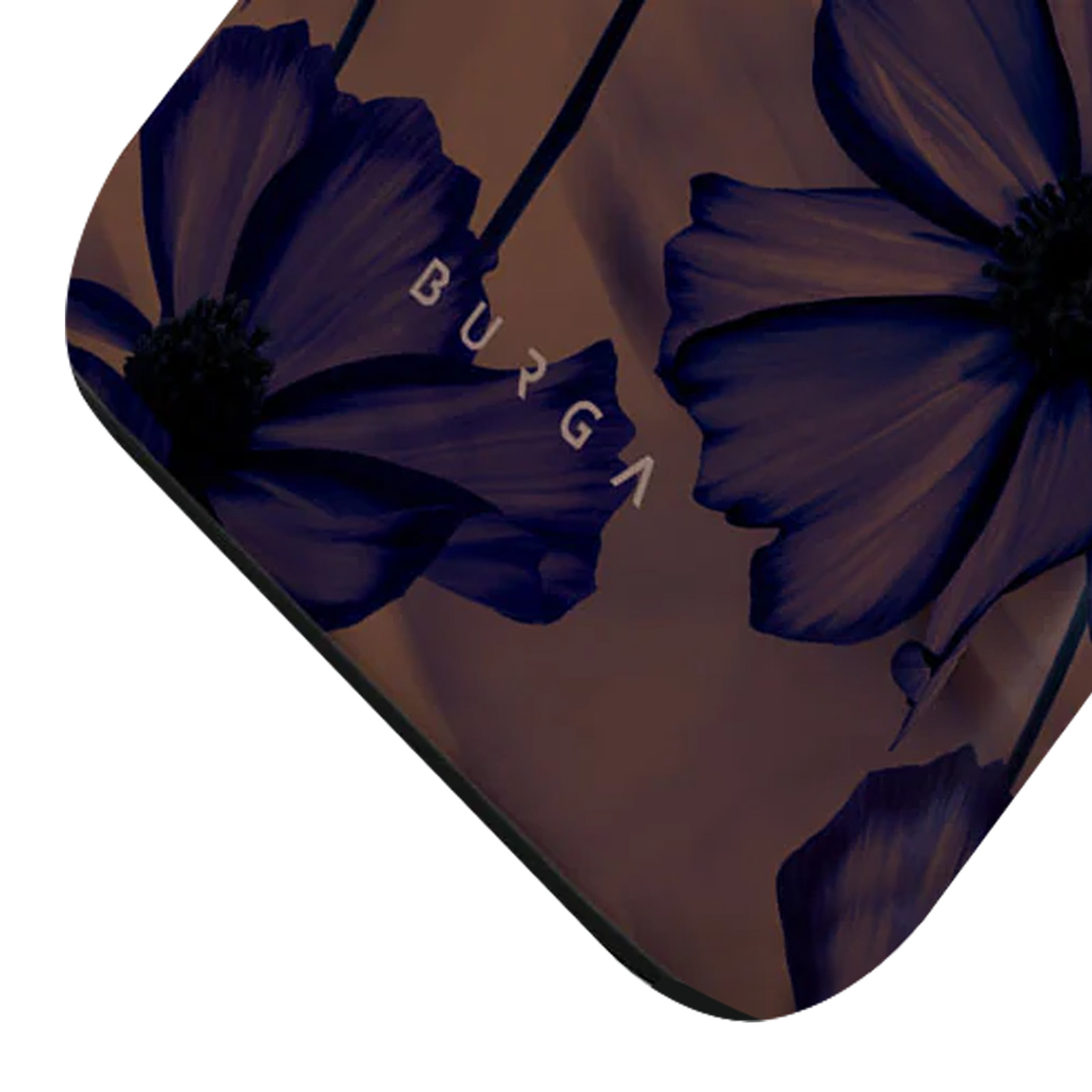 Close-up van een telefoonhoesje met een bloemenpatroon. Het BURGA-logo is zichtbaar.