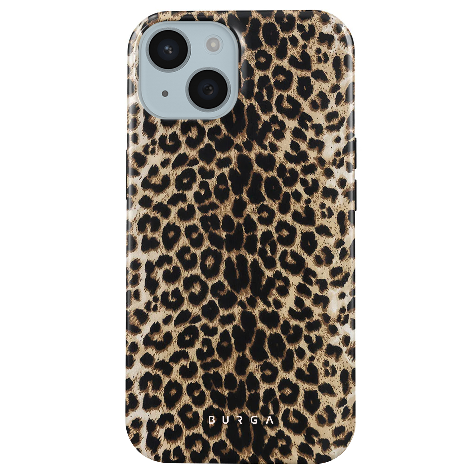 Een telefoonhoesje met een luipaardprint. De camera van de telefoon is bovenaan zichtbaar.
