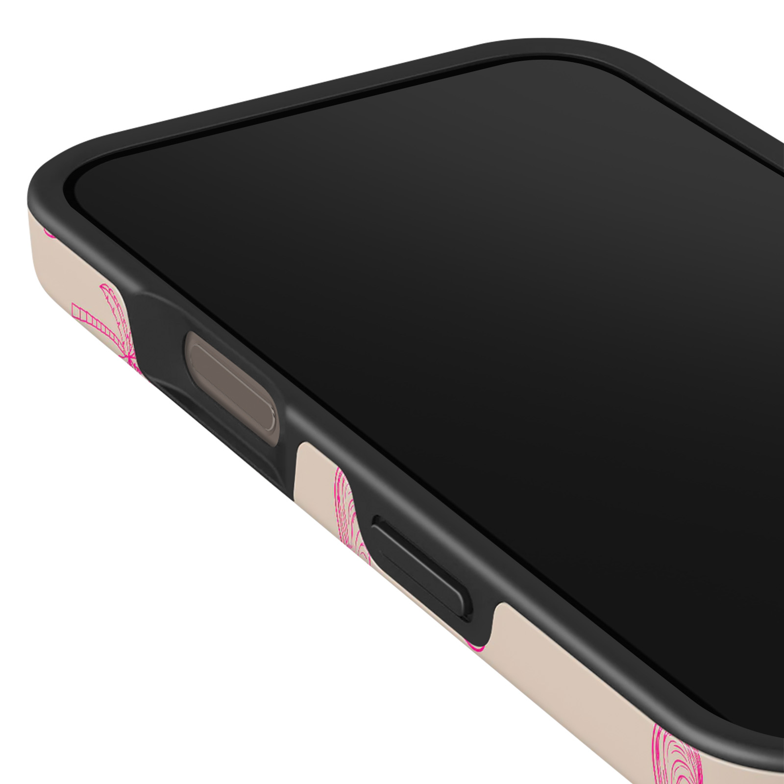 Gros plan d'une coque de téléphone avec des motifs floraux roses. La coque est beige et a une bordure noire.