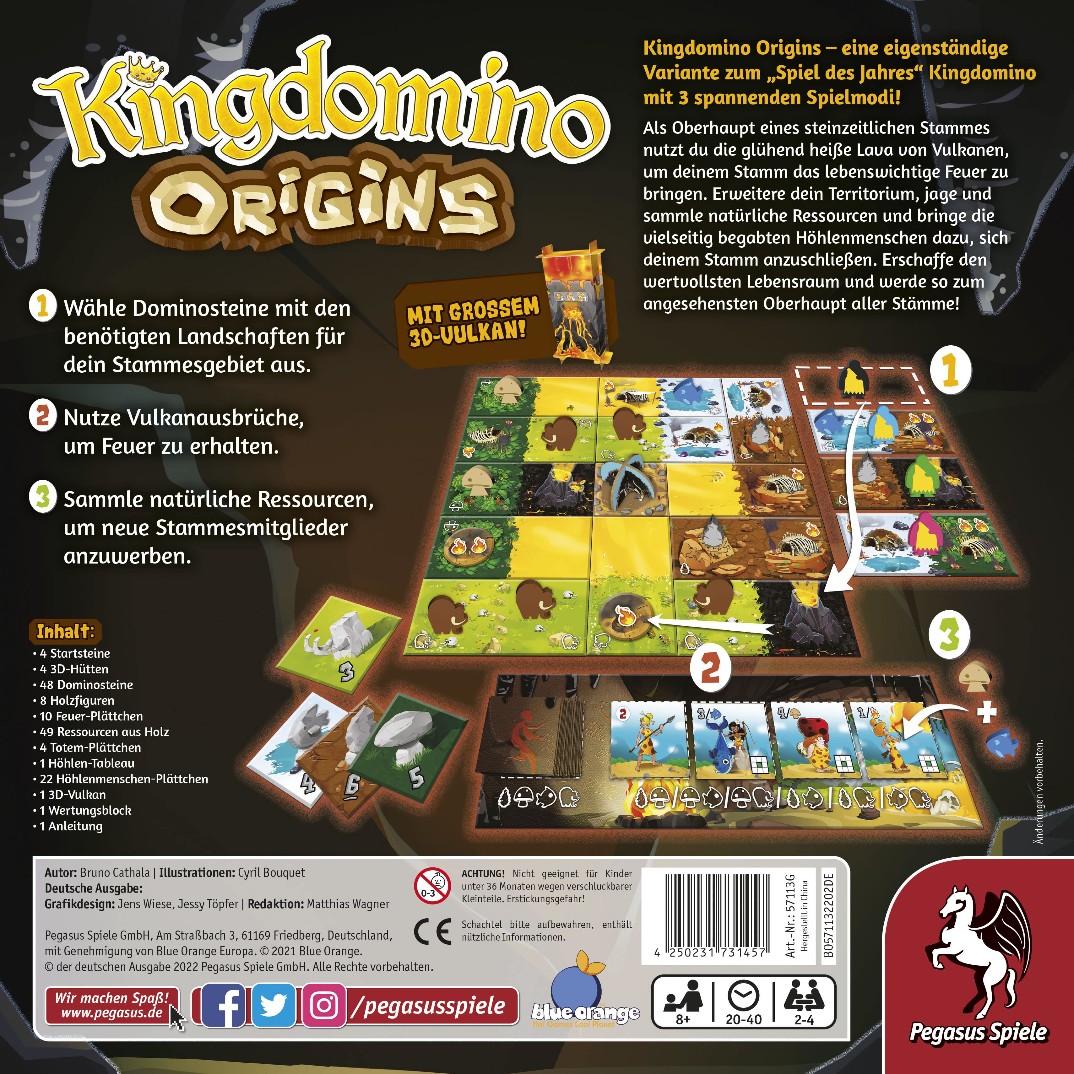 Kingdomino Origins Brettspielbox und -brett.  Die Box und das Brett zeigen Spielinfo.
