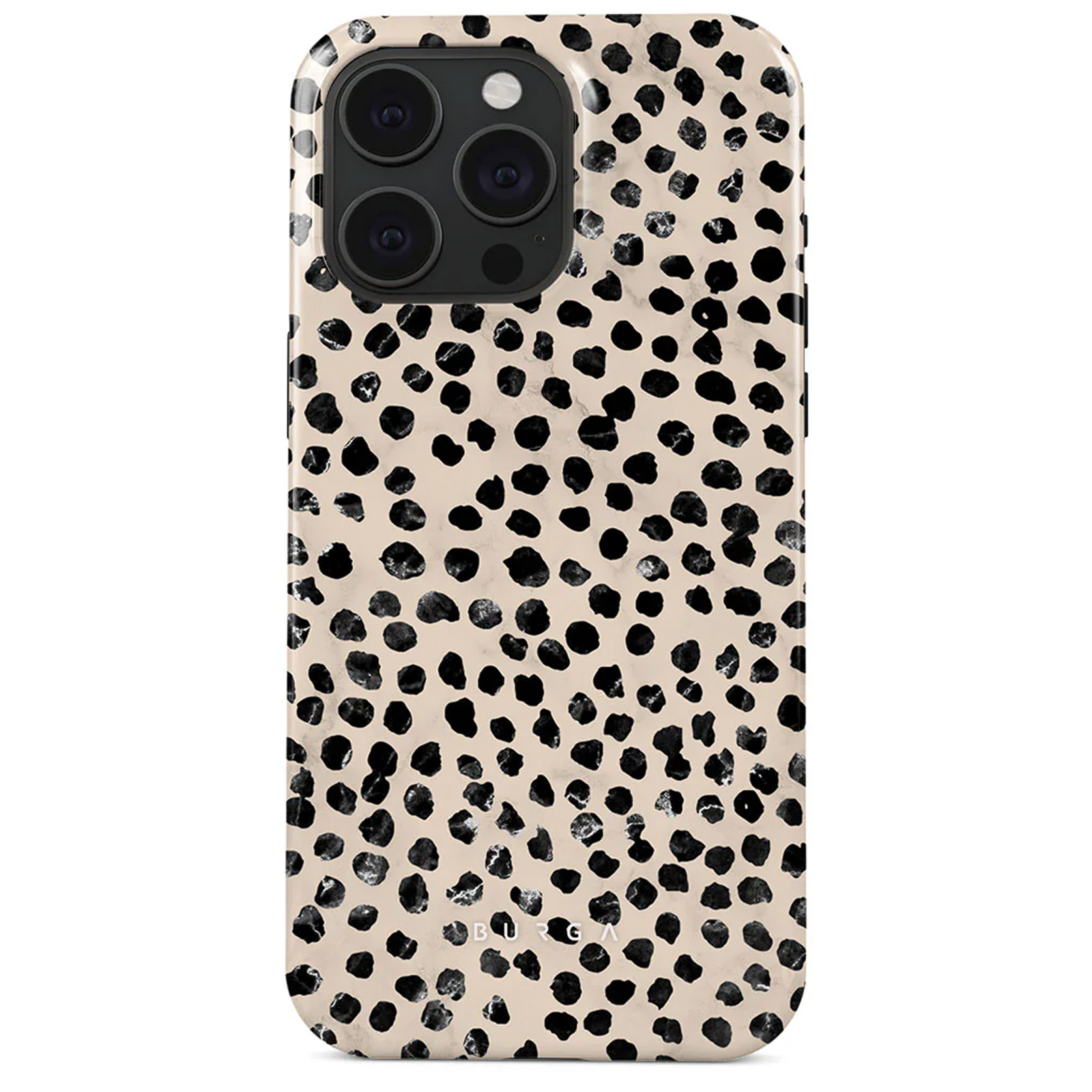 Una custodia per telefono con punti neri su sfondo beige. Sfondo bianco.