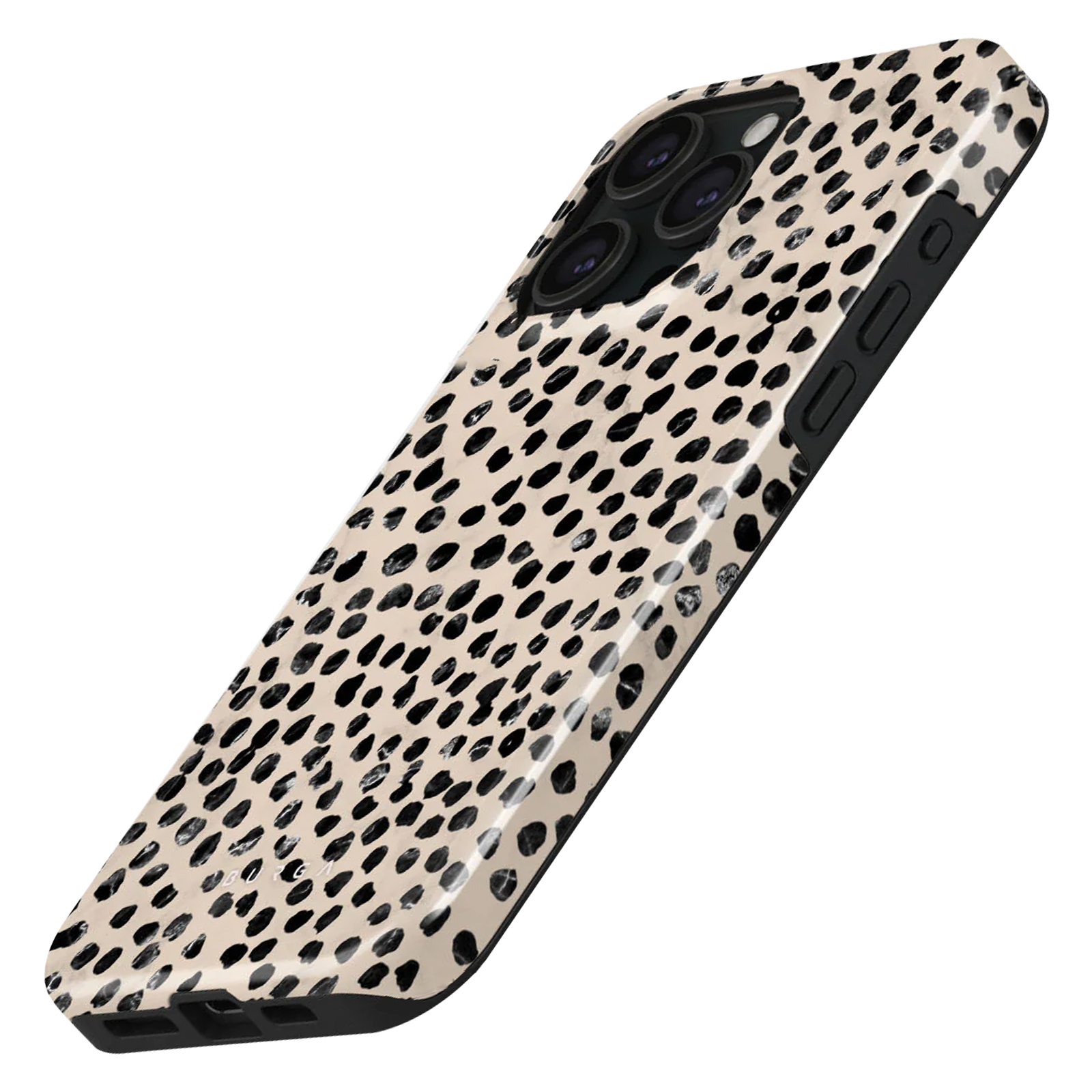 Primo piano di una custodia per telefono con base beige e motivo a pois neri, vista angolata.