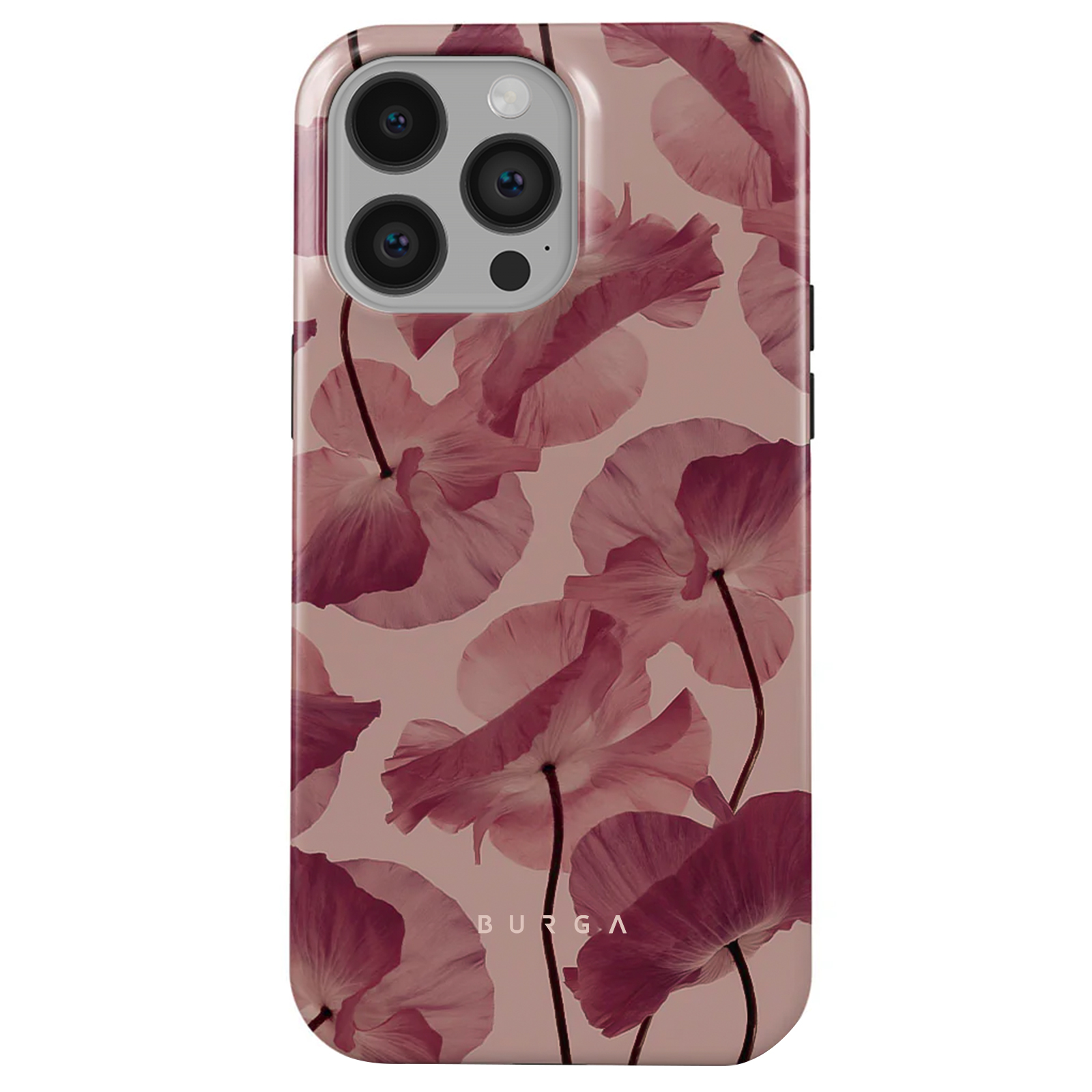 Una cover per telefono con un motivo floreale di fiori rossi su sfondo rosa.