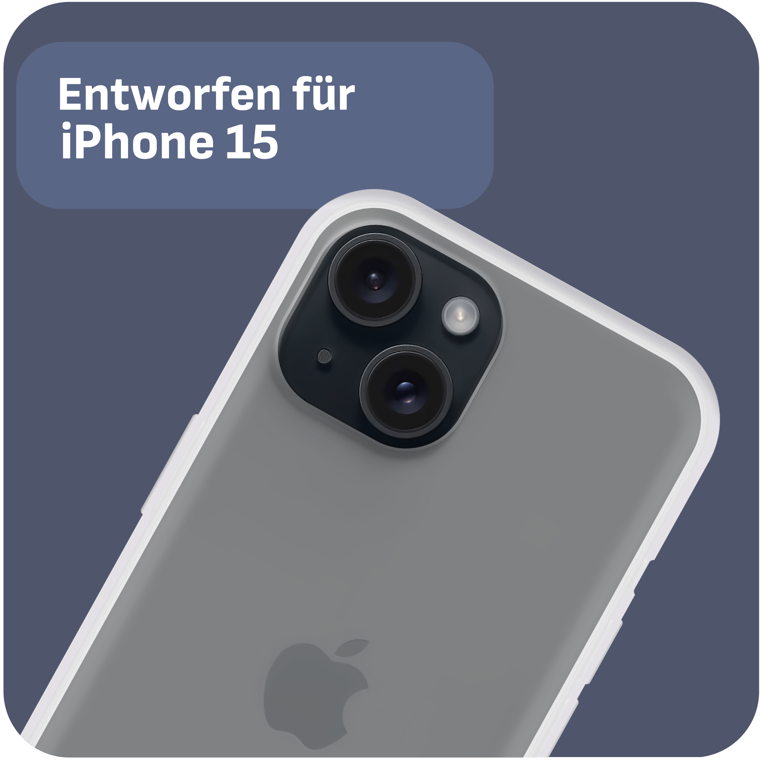 Rückseite des iPhone 15 in weißem Gehäuse. Text 'Entworfen für iPhone 15' oben.