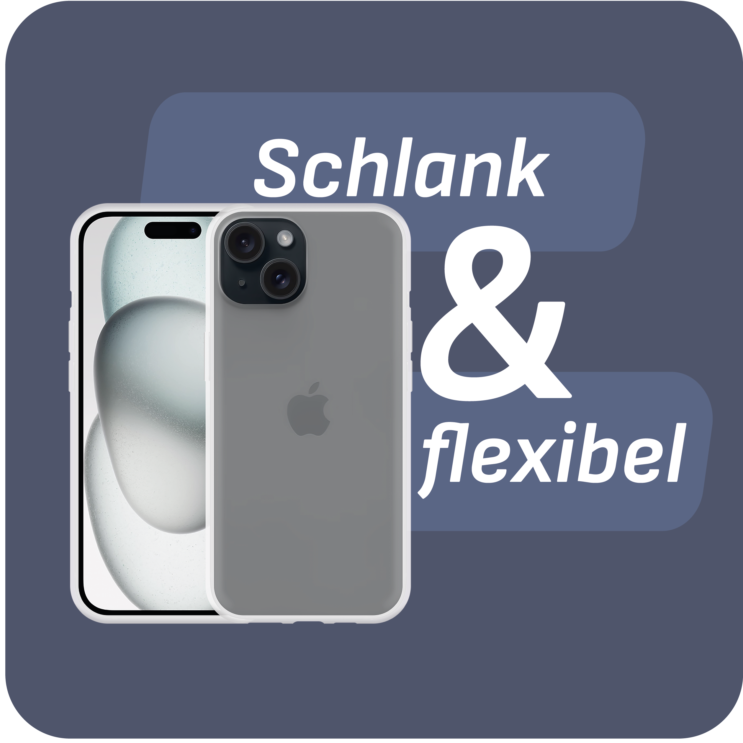 Zwei Smartphones, eines in einem grauen Gehäuse, das andere mit Bildschirm, auf blauem Hintergrund mit Text.
