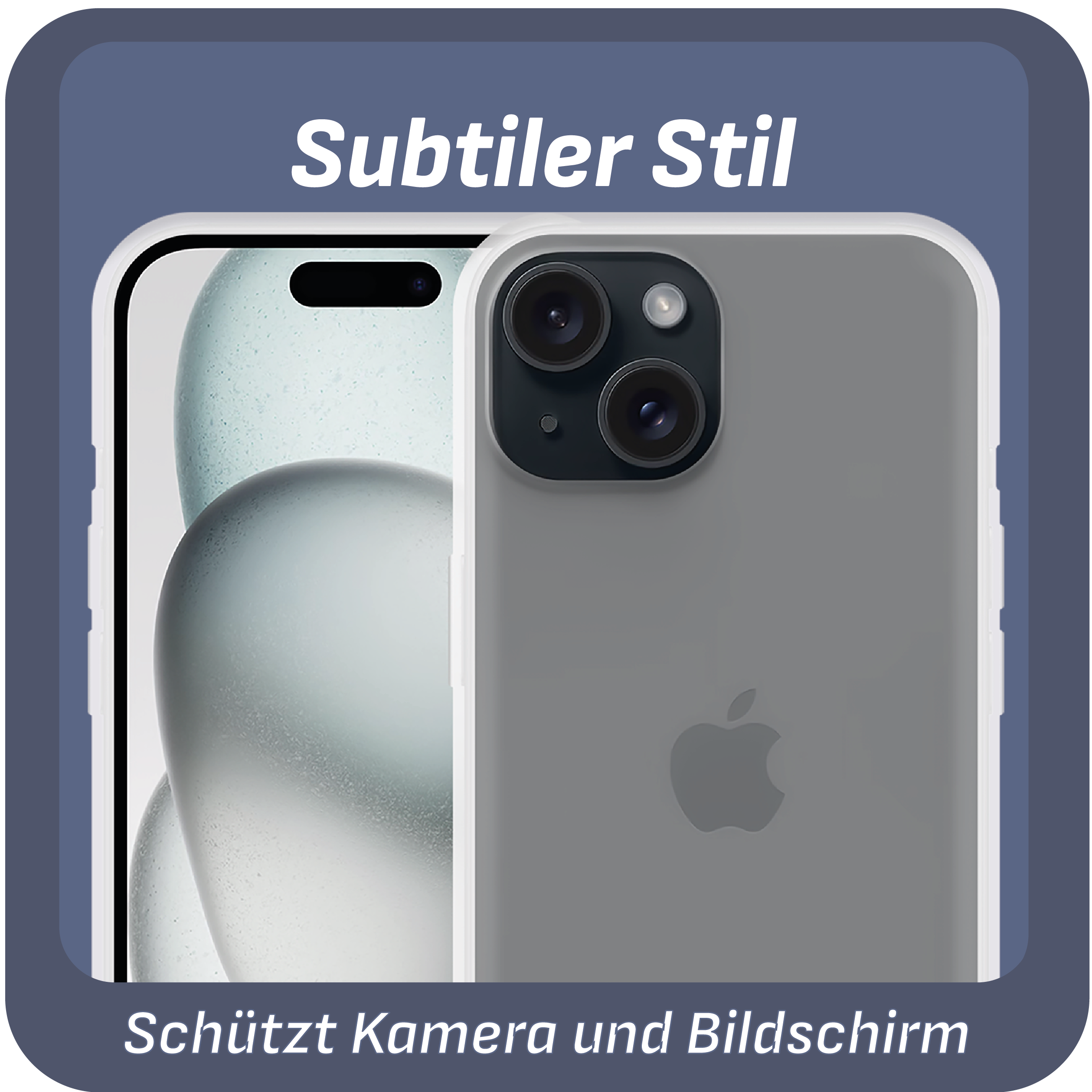 Ein Telefon mit Hülle, das die Kamera und den Bildschirm zeigt. Text: 'Subtiler Stil', 'Schützt Kamera und Bildschirm'.