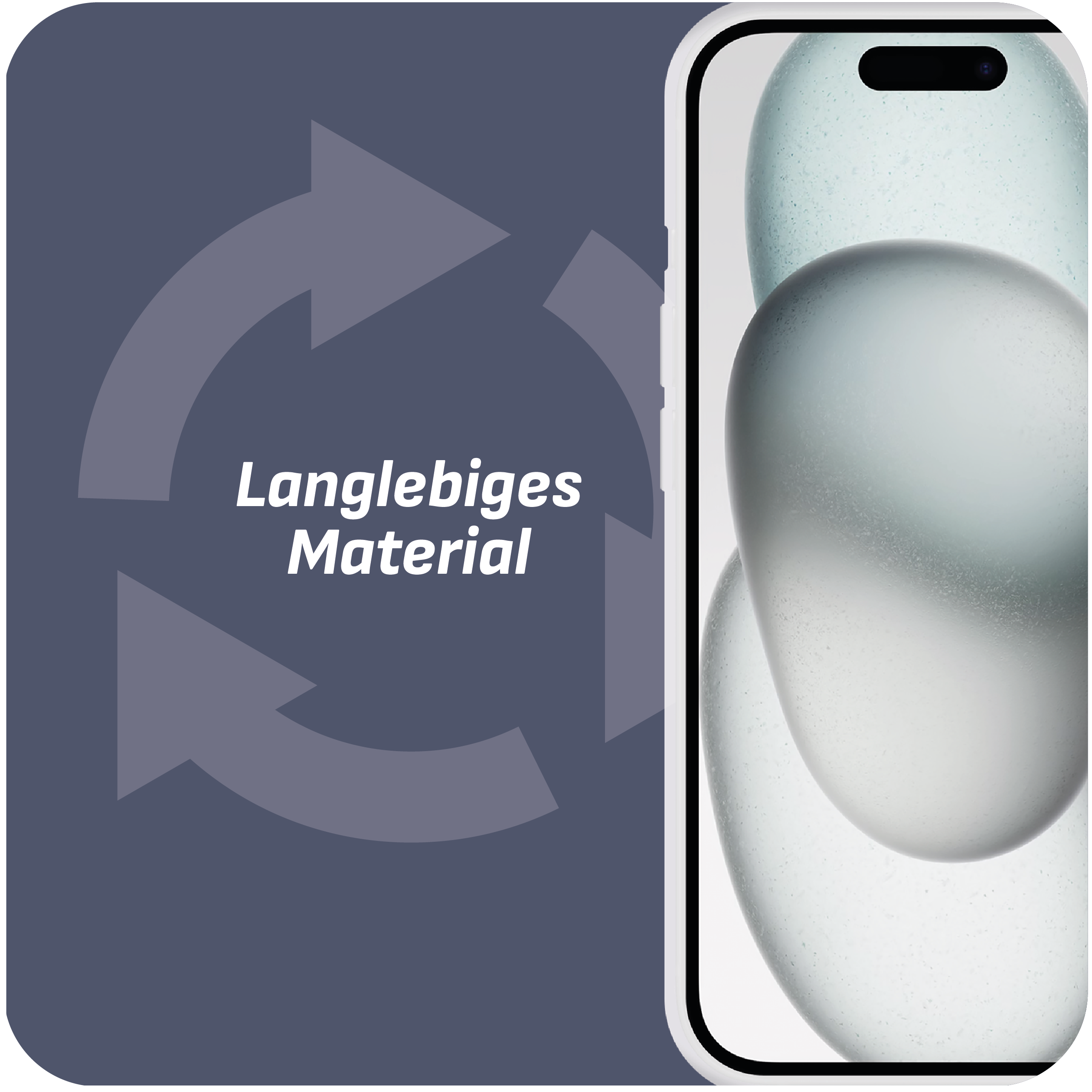 Ein Telefondesign mit hellgrauem Hintergrund, einem Recycling-Symbol und einer Telefonkontur.
