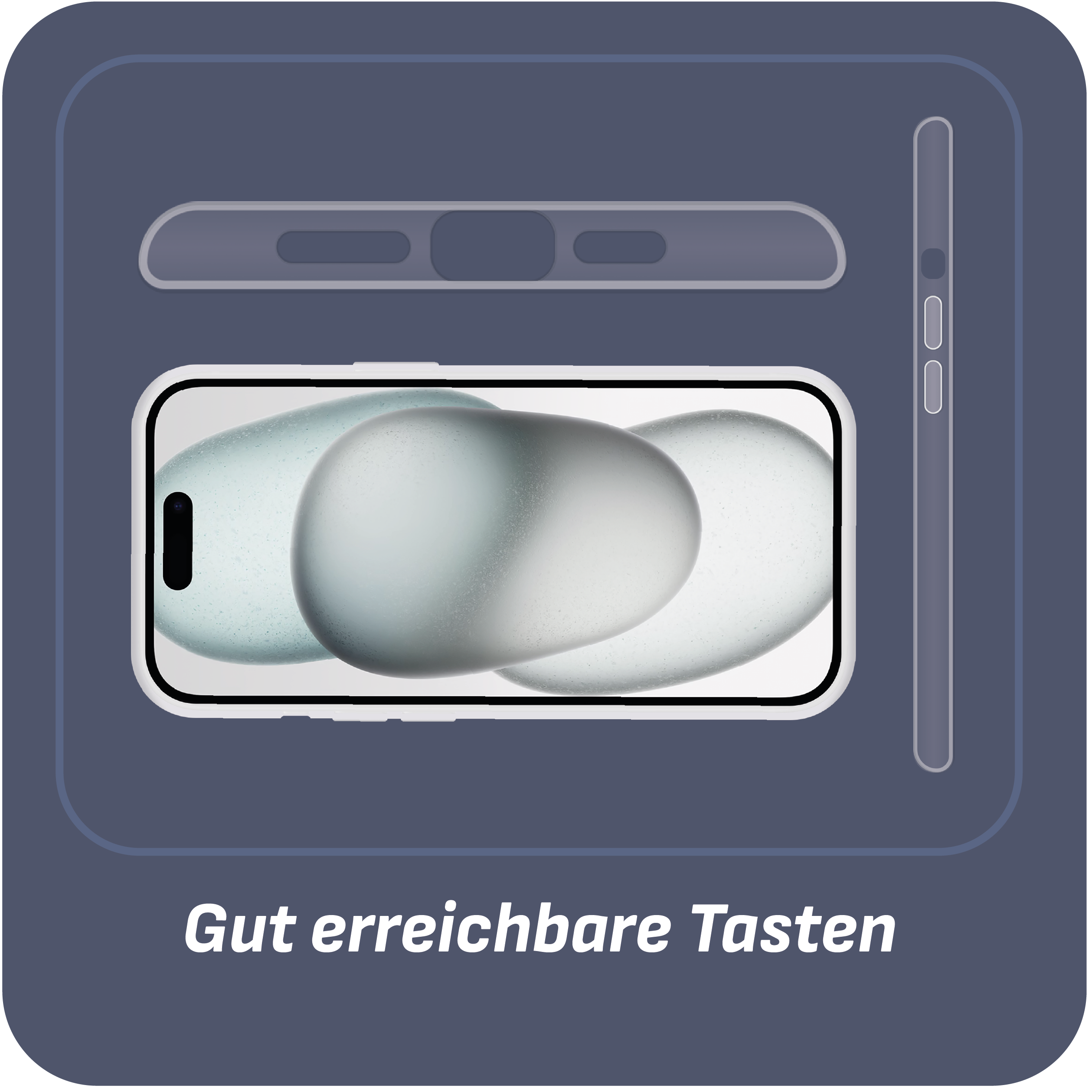 Illustration eines Telefons mit weißem Rahmen und gebogenem Bildschirm. Der Text lautet 'Gut erreichbare Tasten'.